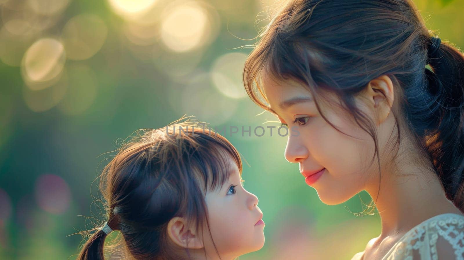 A woman and child looking at each other in a field