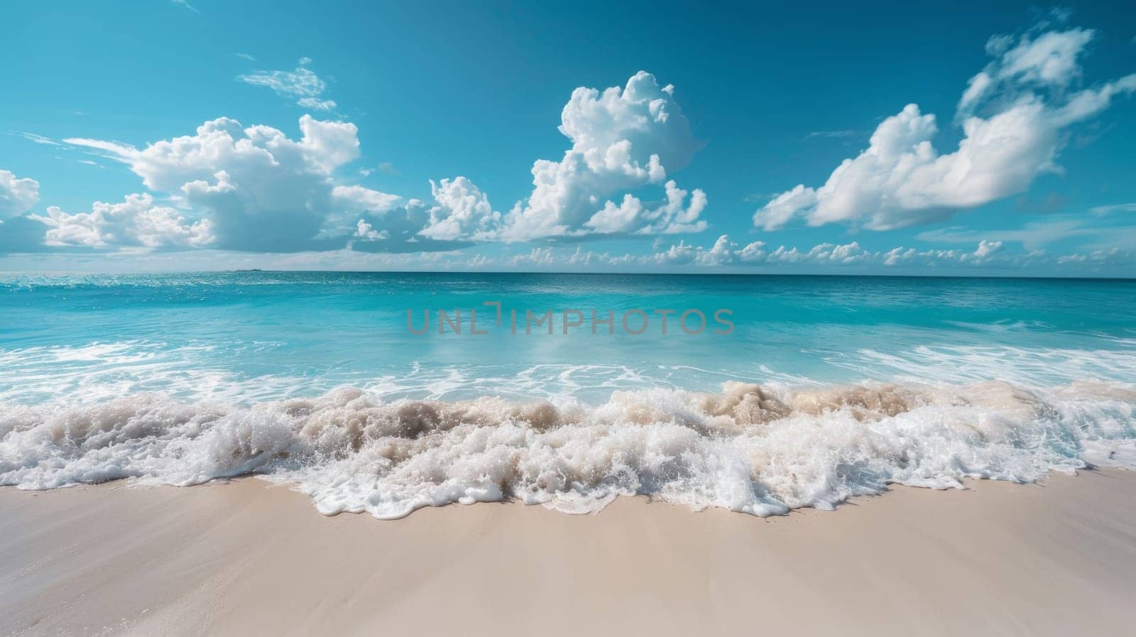A beach with waves and clouds in the sky