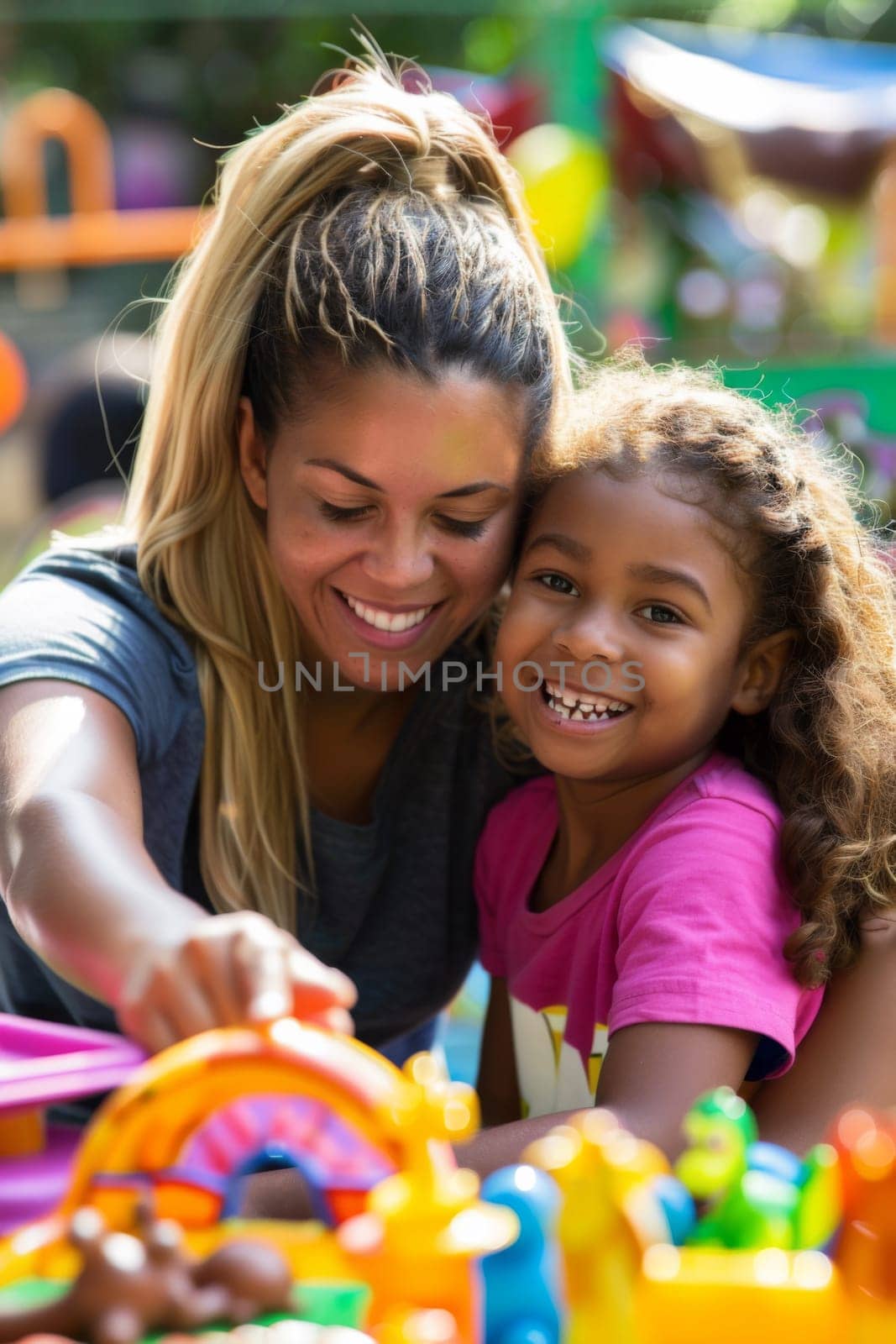 A woman and child playing with a toy in the yard