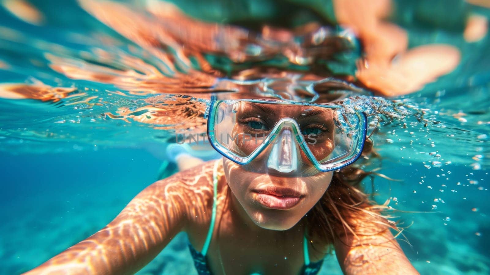 A woman wearing a snorkel and goggles underwater