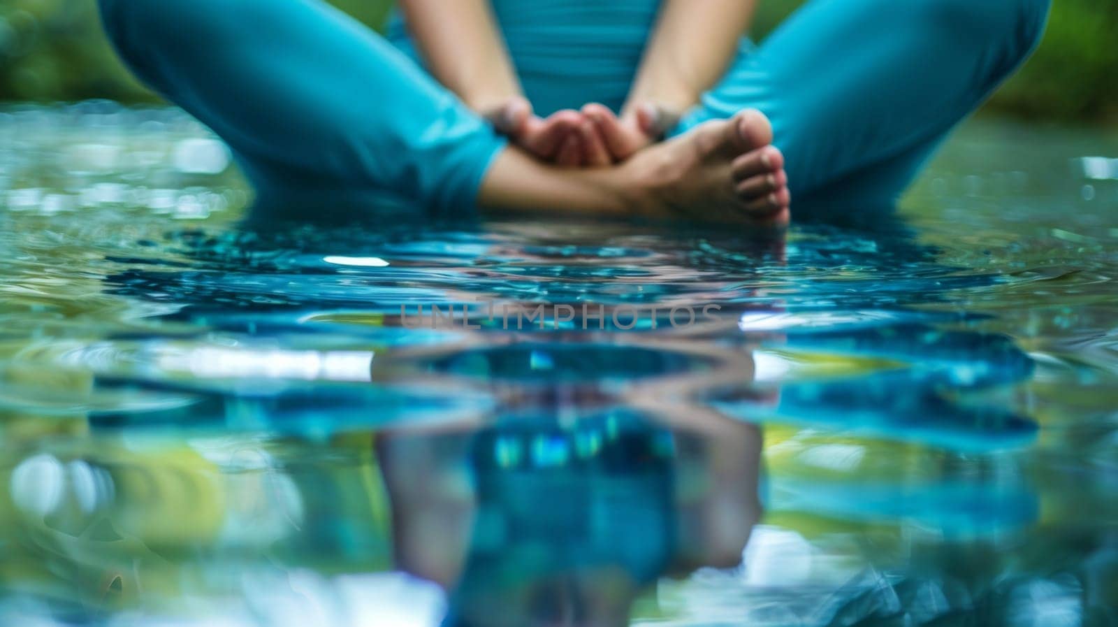 A woman sitting in the water with her legs crossed