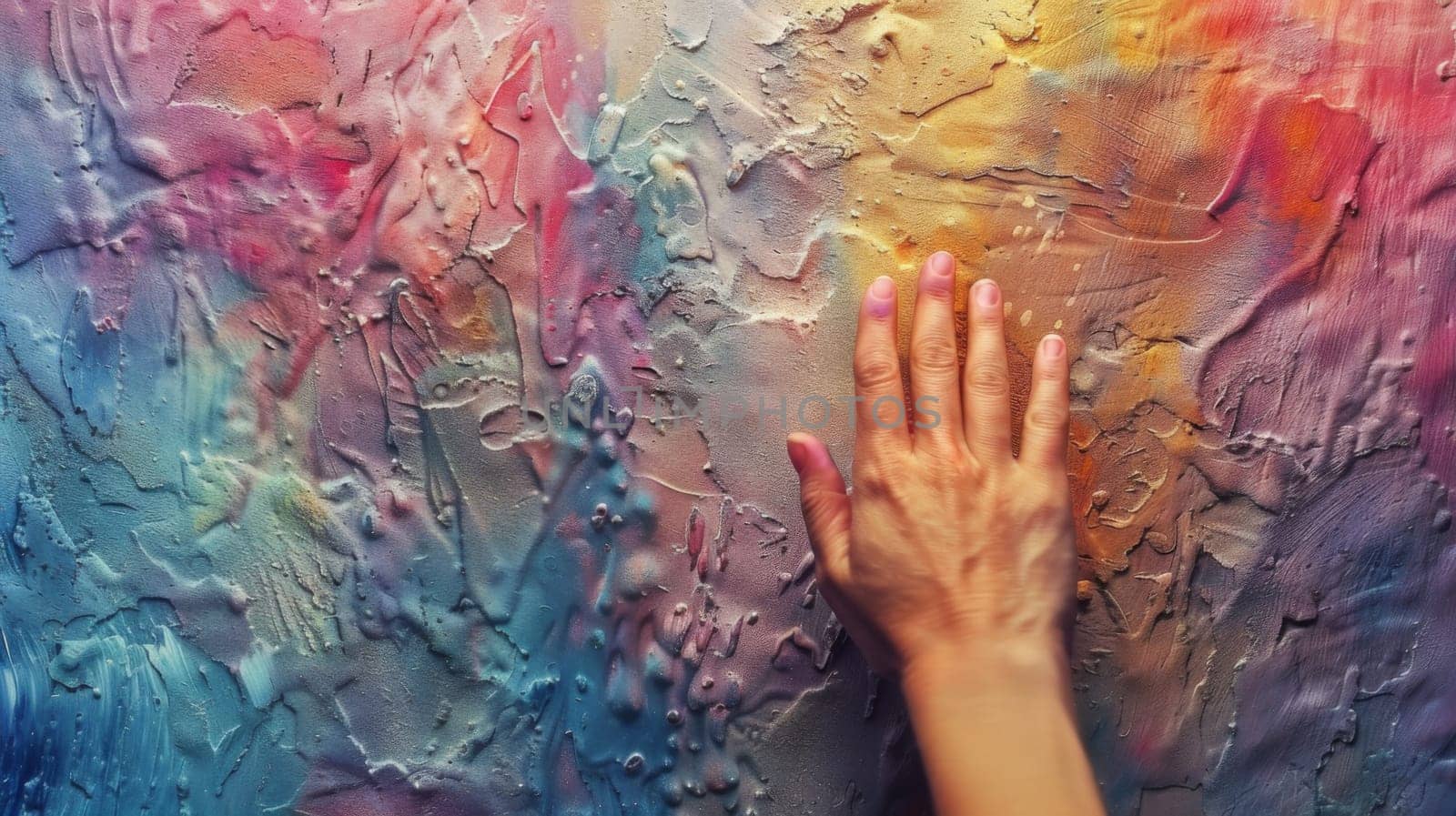 A hand reaching out to touch a colorful wall, AI by starush