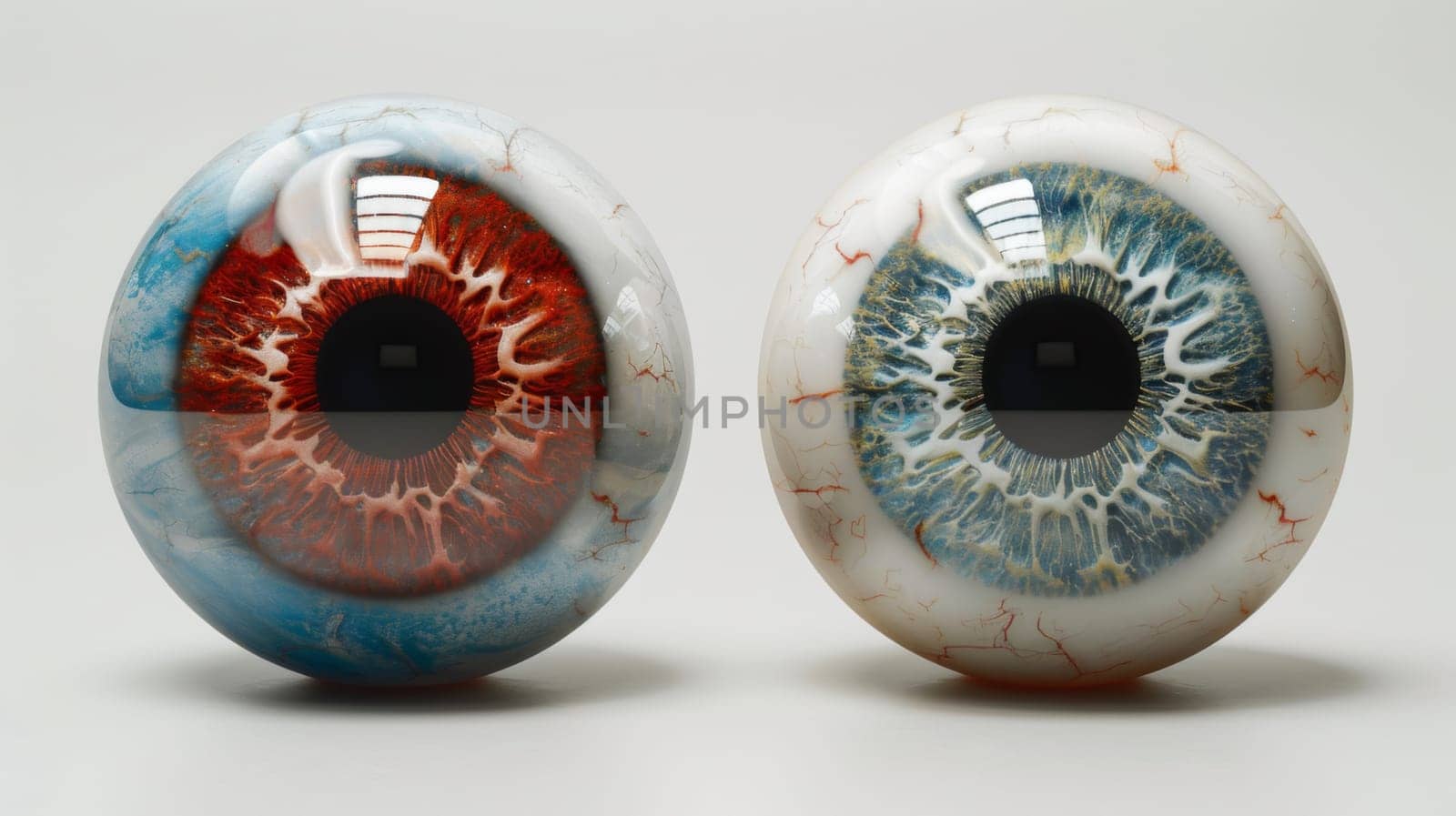 Two glass eyeballs with red, blue and white paint on them