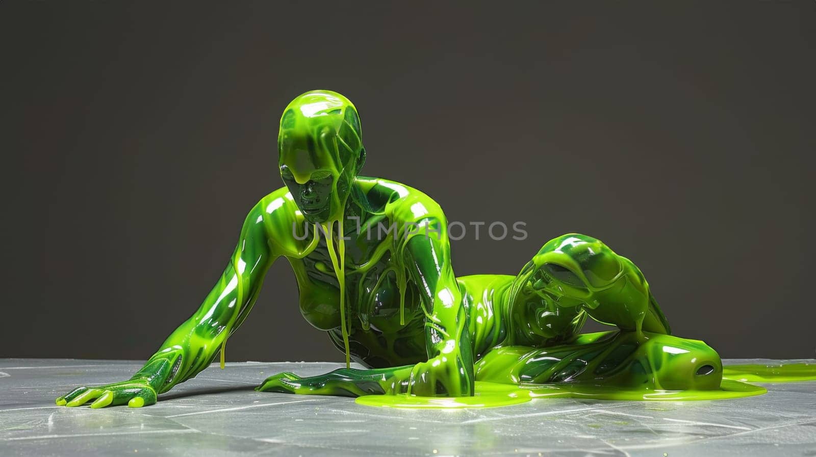 A sculpture of a woman laying on her back with green liquid dripping from her body, AI by starush