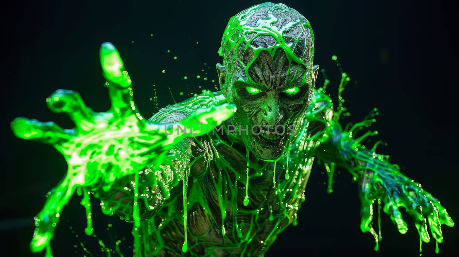 A man in green paint with glowing hands and arms, AI by starush