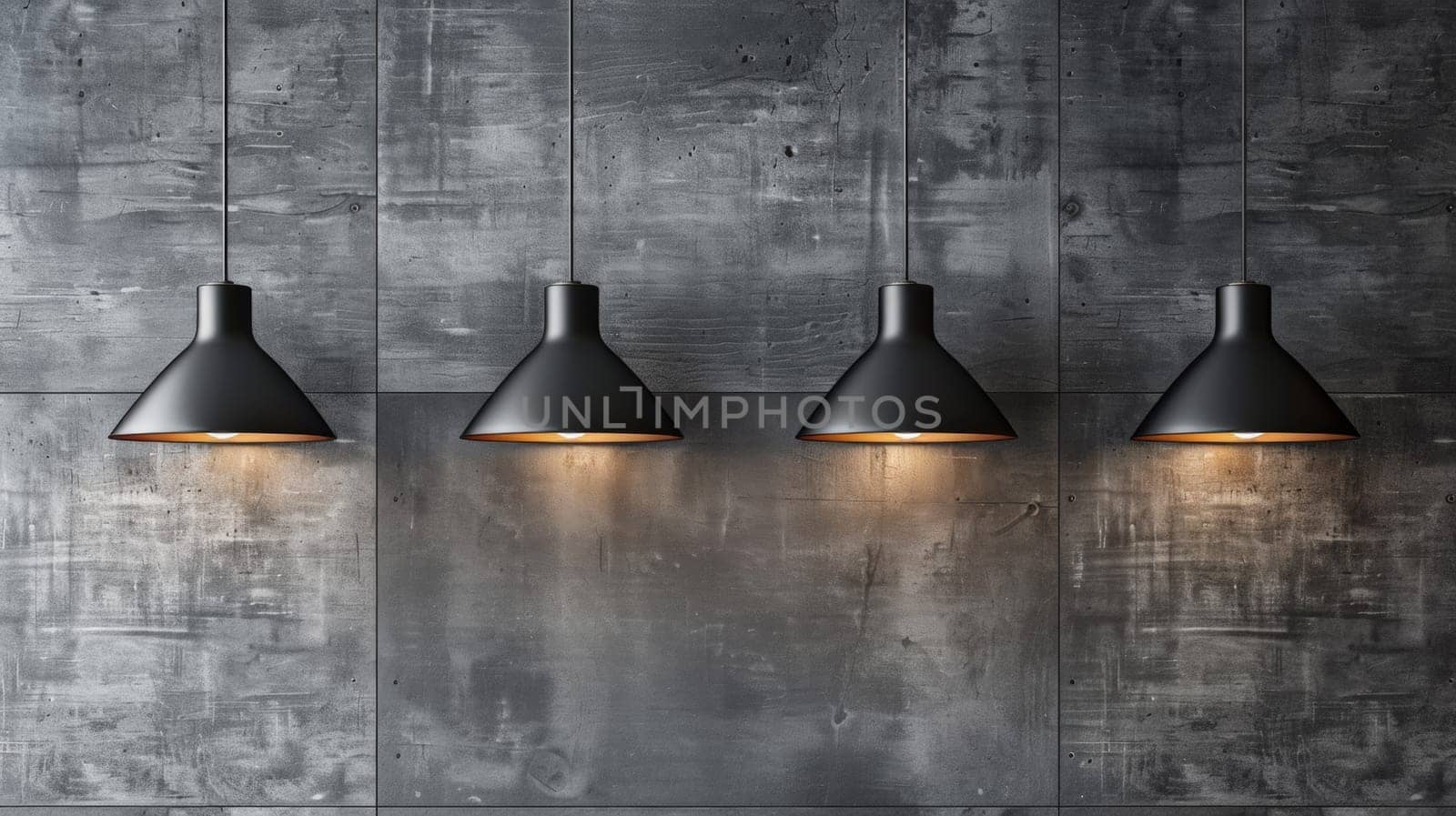 Three black lamps hanging from a wall with three lights on