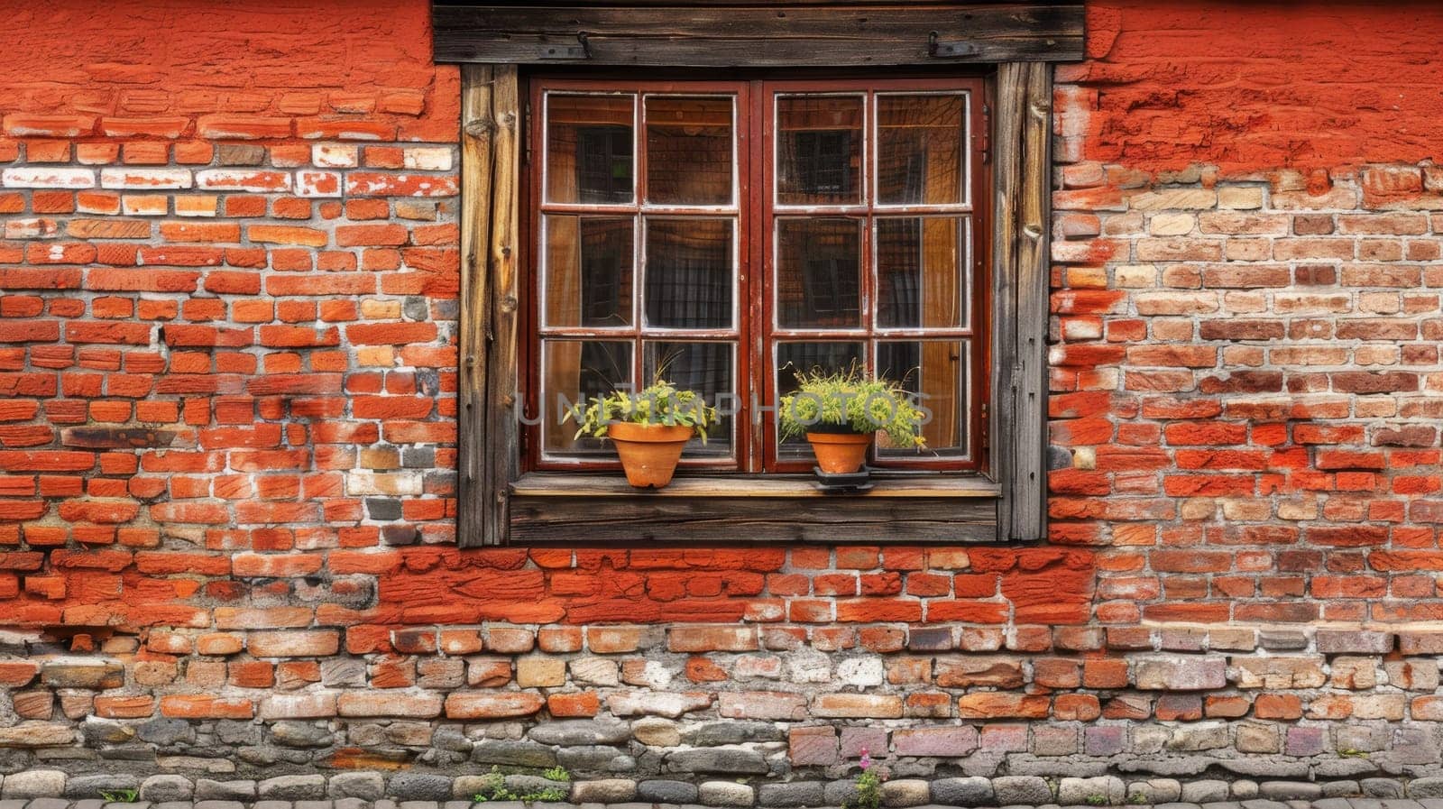 A brick wall with a window and two potted plants