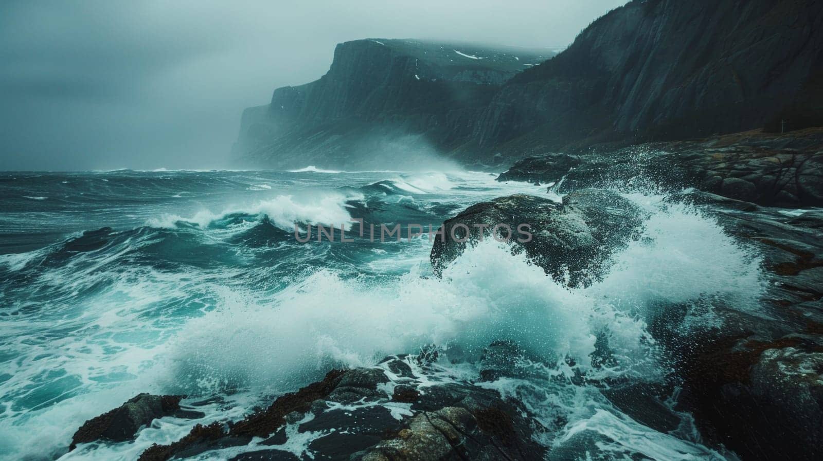 A large wave crashing over a rocky shoreline near the ocean, AI by starush