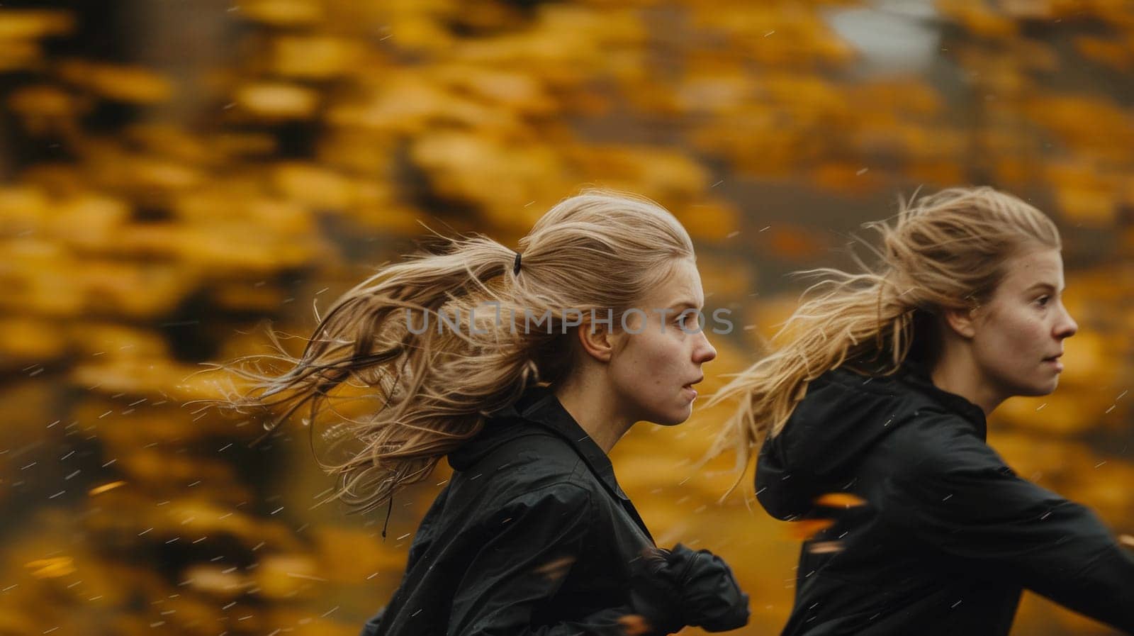 Two women running in the same direction with their hair blowing