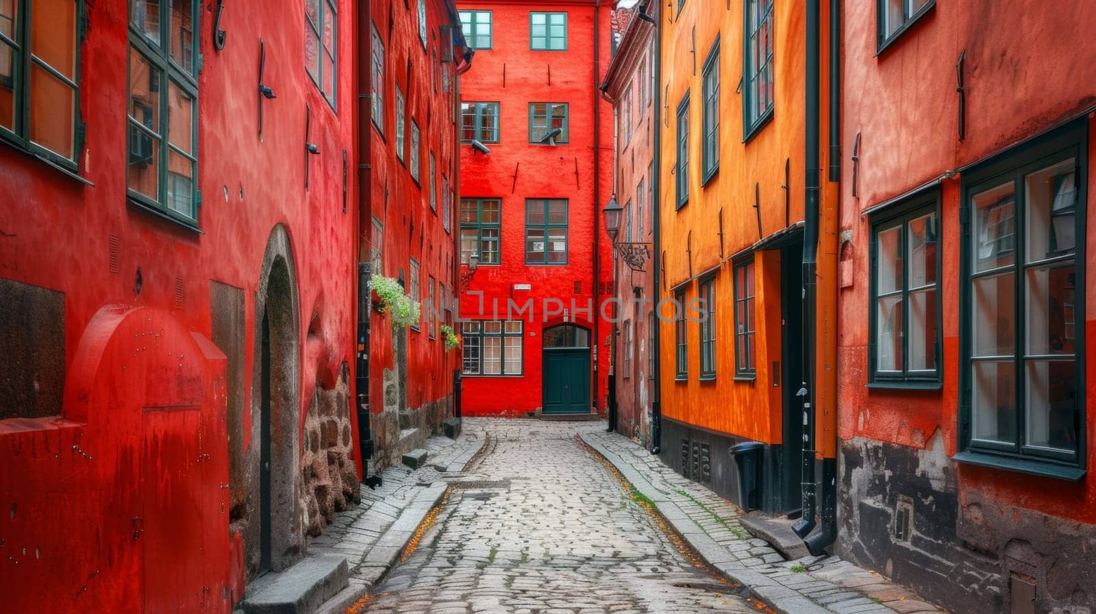 A narrow alleyway with red buildings and a cobblestone path