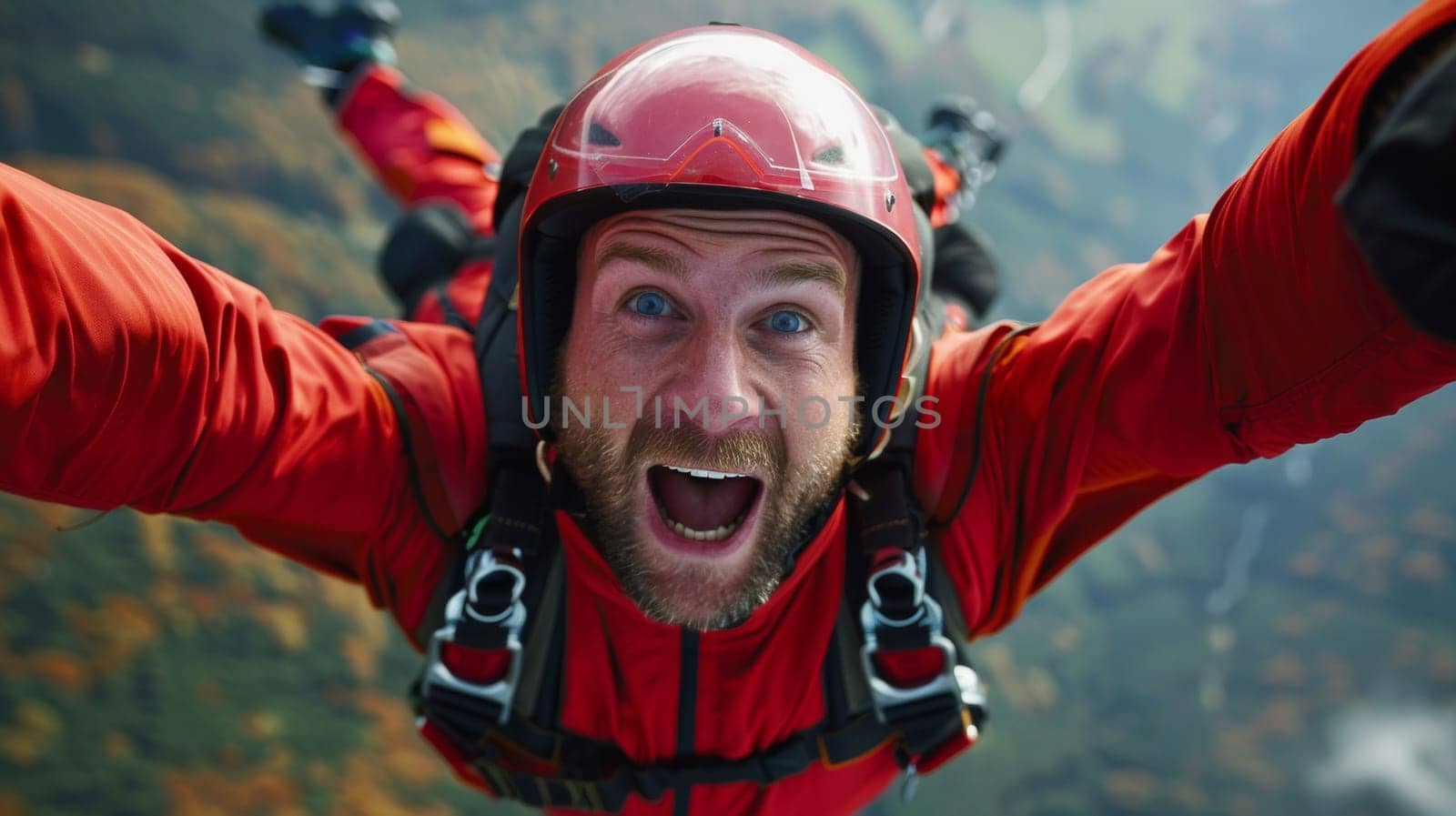 A man in a red helmet and jacket flying through the air