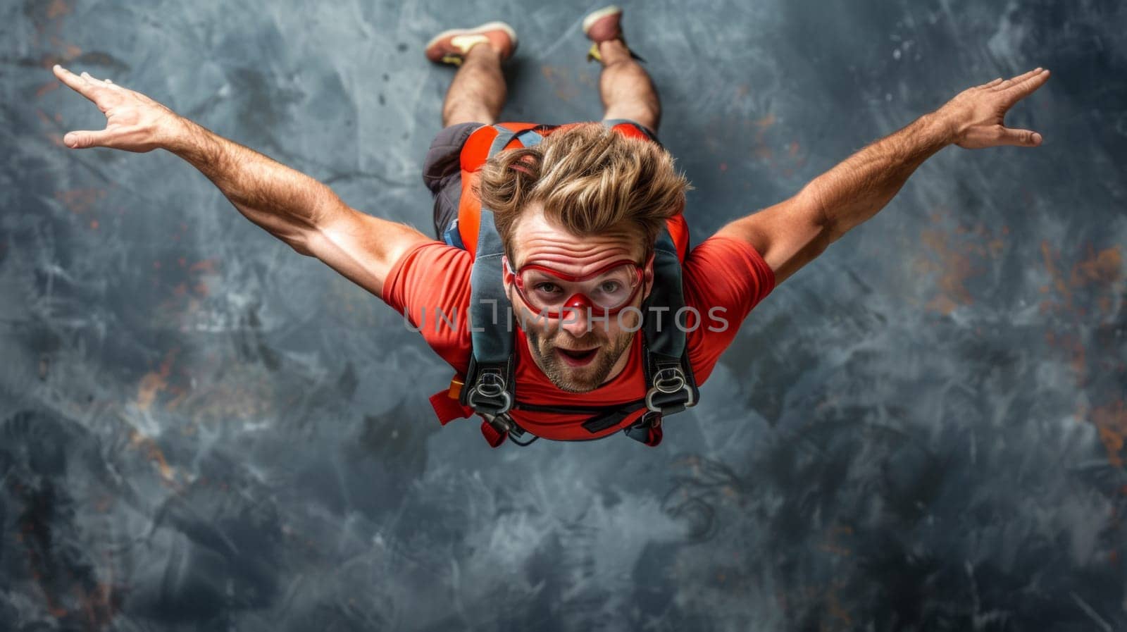 A man in red and blue jumpsuit with goggles on