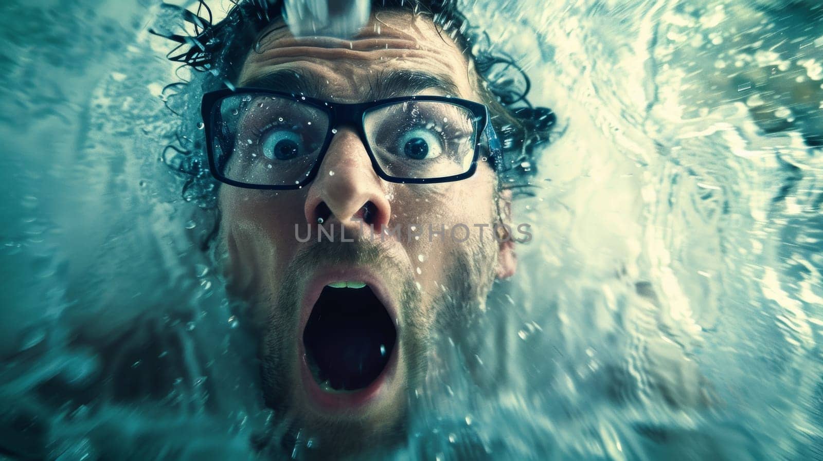 A man with glasses swimming underwater in a pool, AI by starush