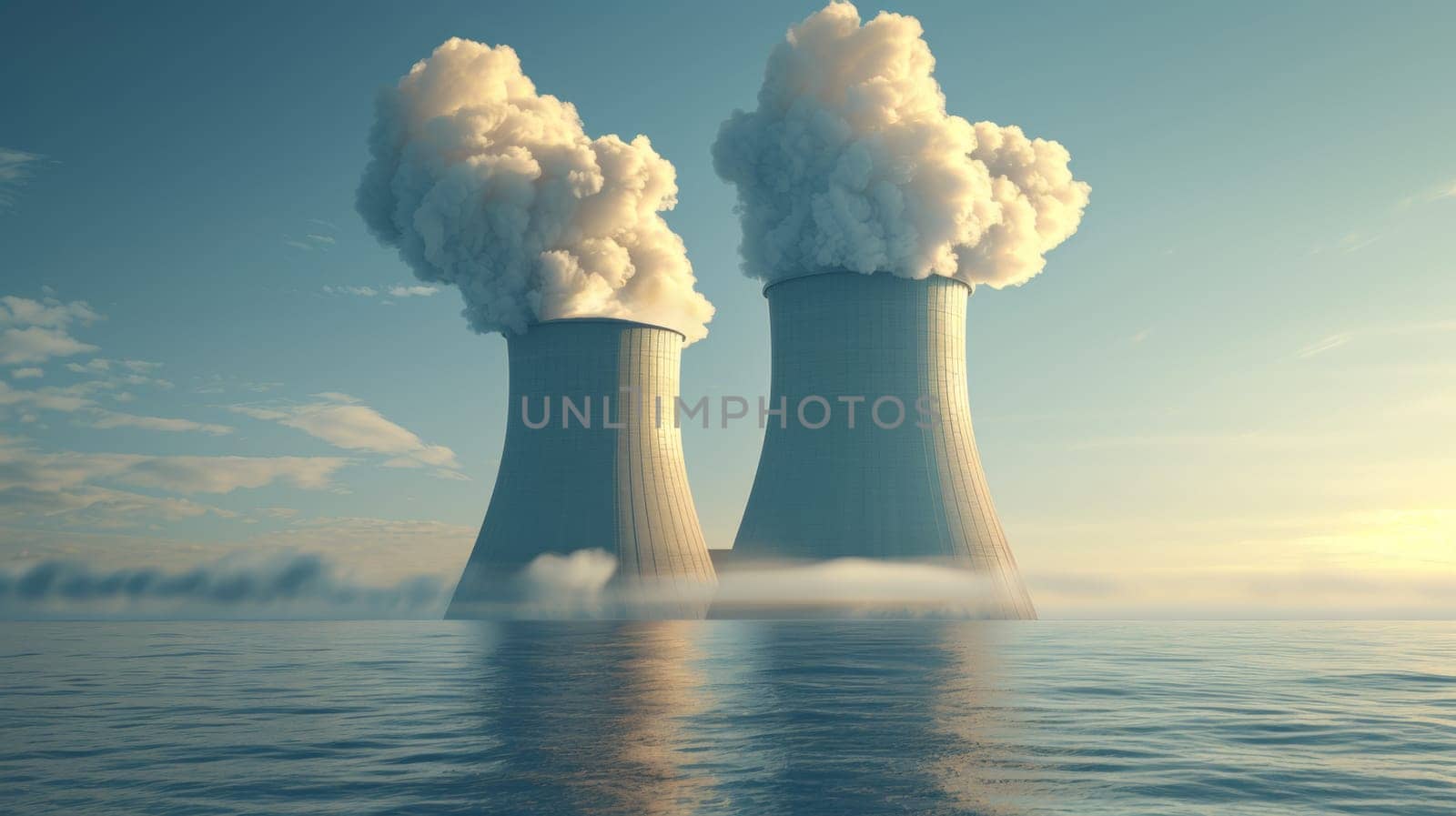 Two cooling towers in the ocean with smoke coming out of them, AI by starush