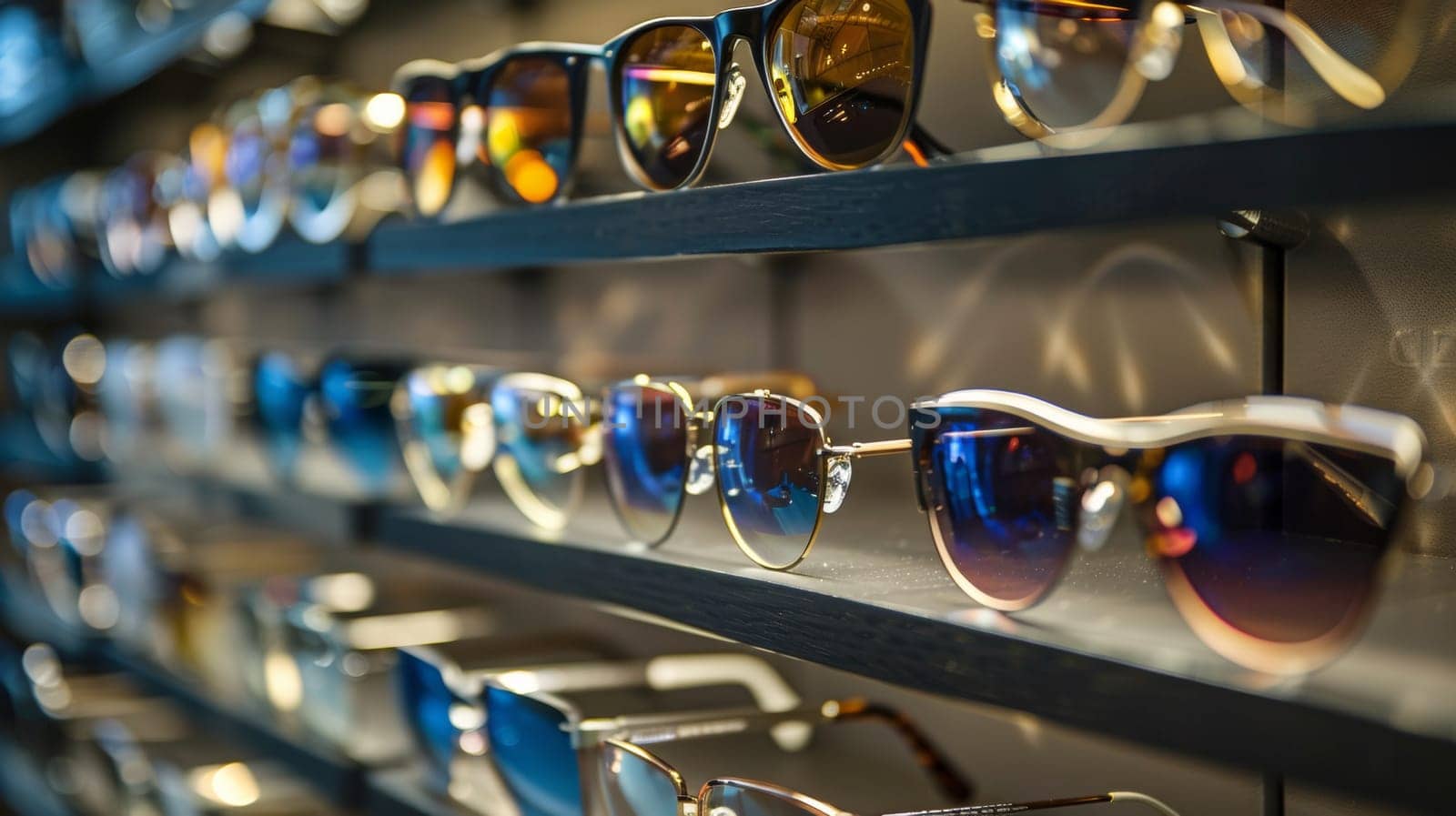 A row of sunglasses are displayed on a shelf in the store