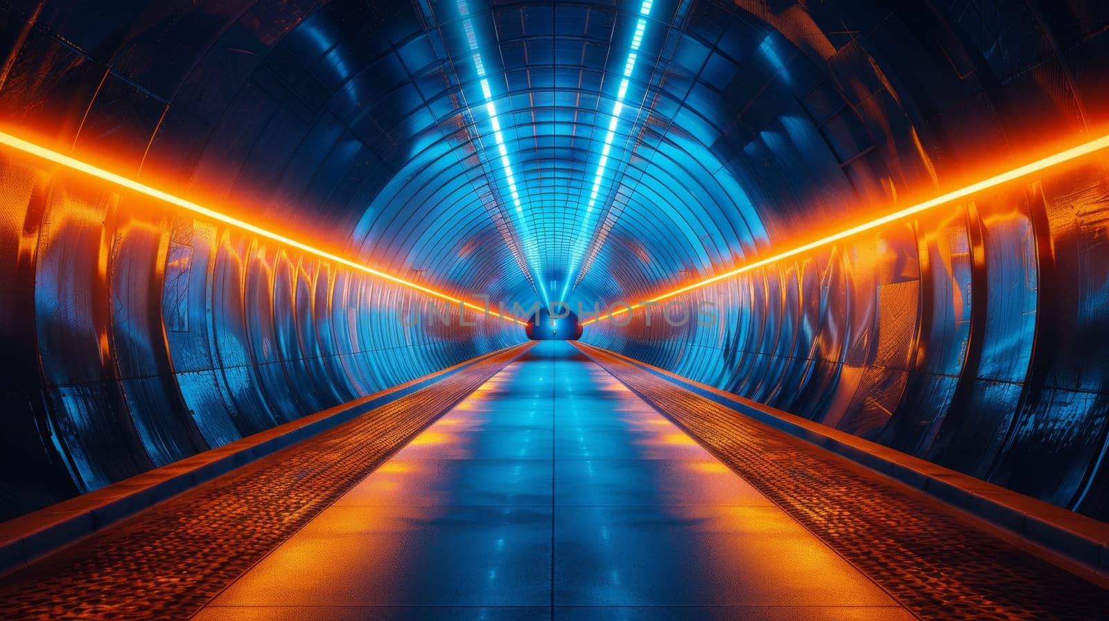 A tunnel with bright lights and a blue light at the end