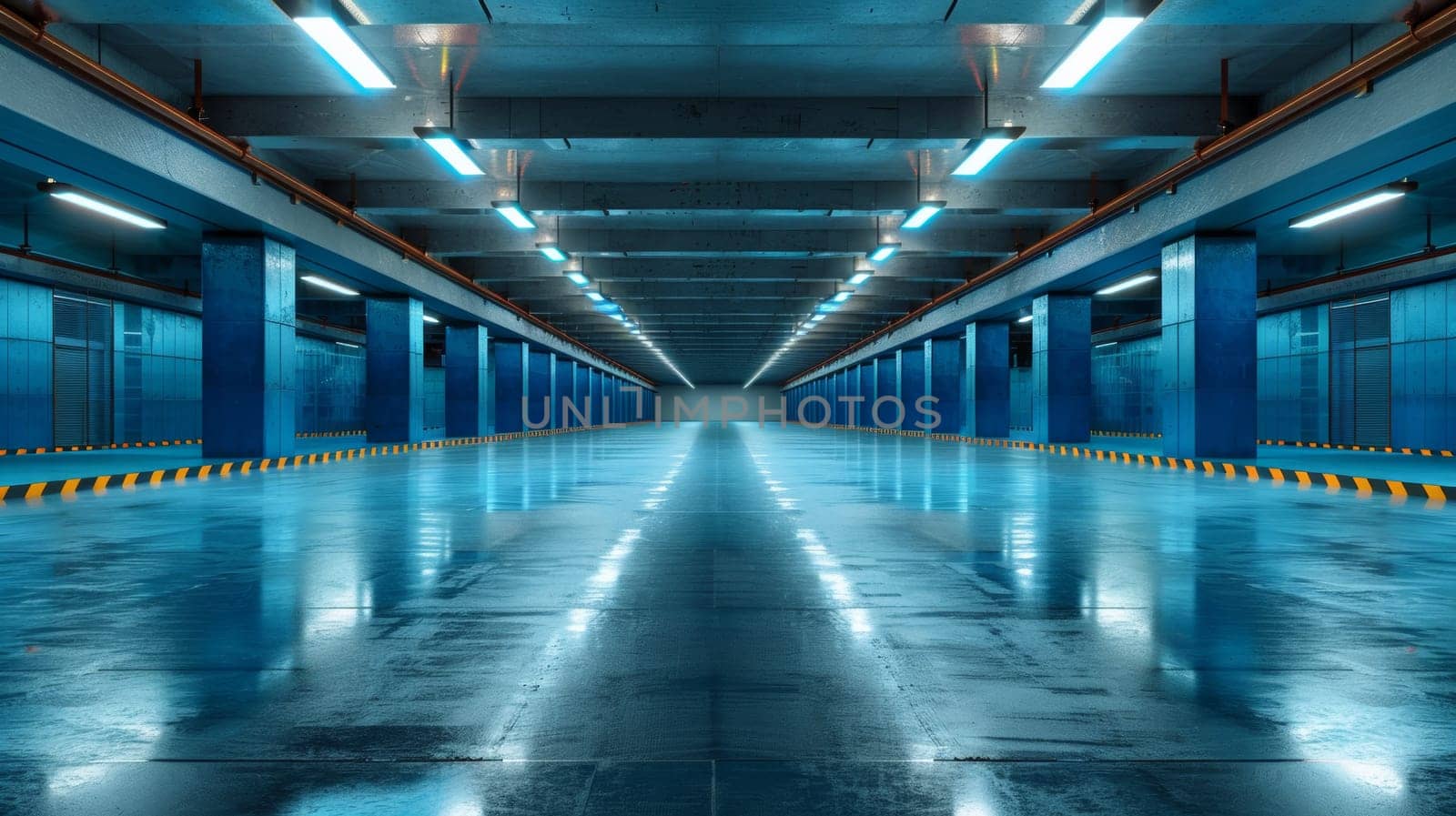 A long hallway with blue walls and lights on the ceiling