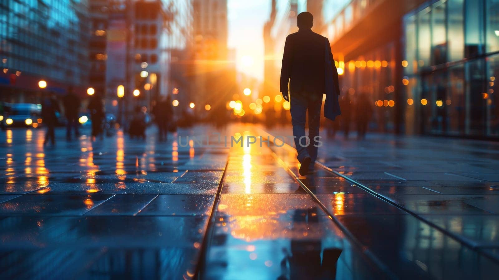 A man walking down a city street with the sun setting behind him
