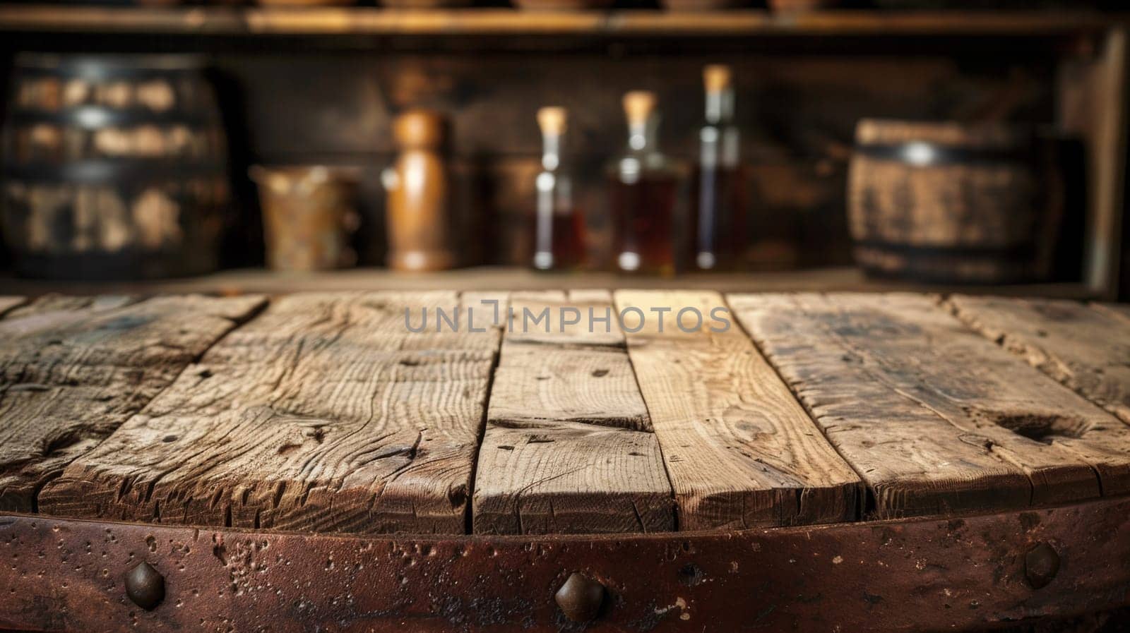A wooden table with a rustic look in the background