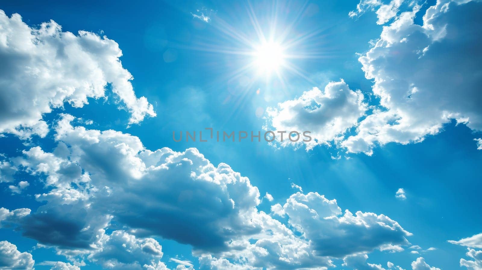 A bright sun shining through a blue sky with clouds