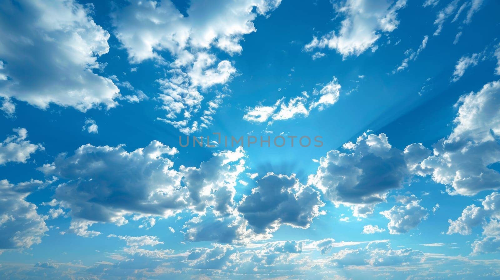 A plane flying through a blue sky with clouds