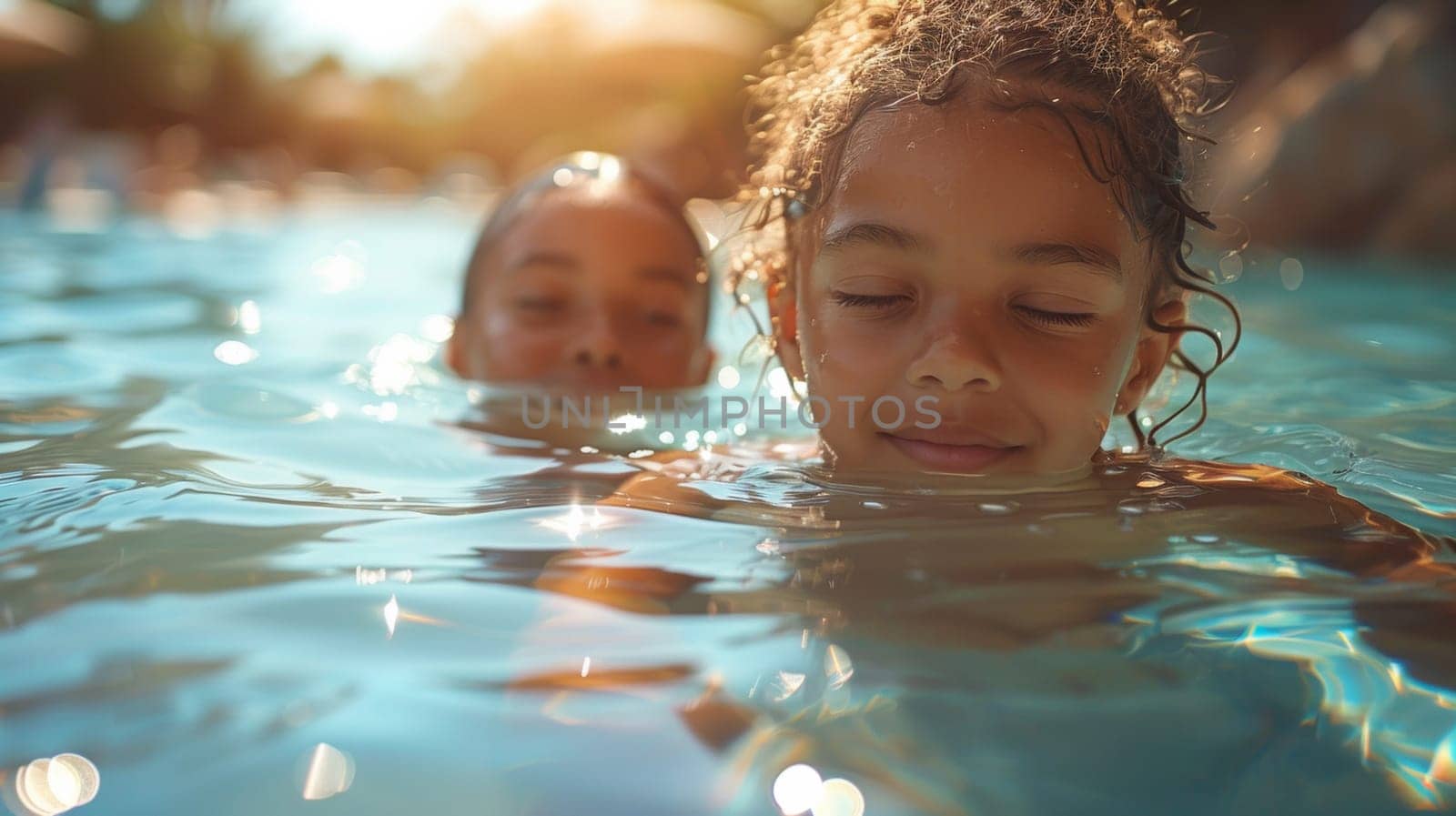 Two children swimming in a pool together with their eyes closed
