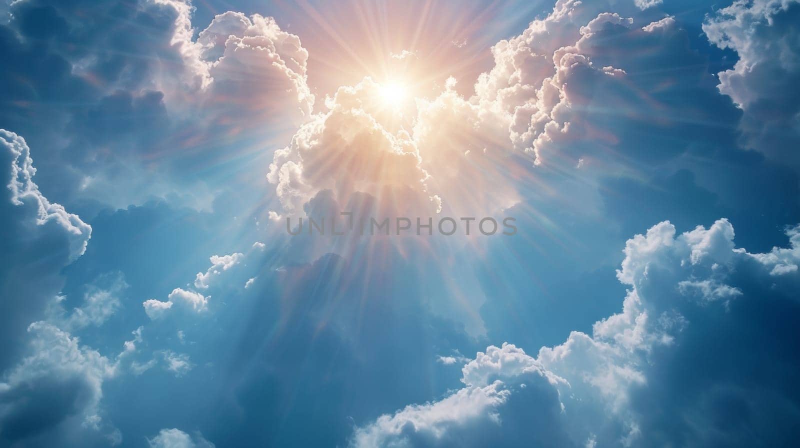A bright sun shining through a cloud filled sky