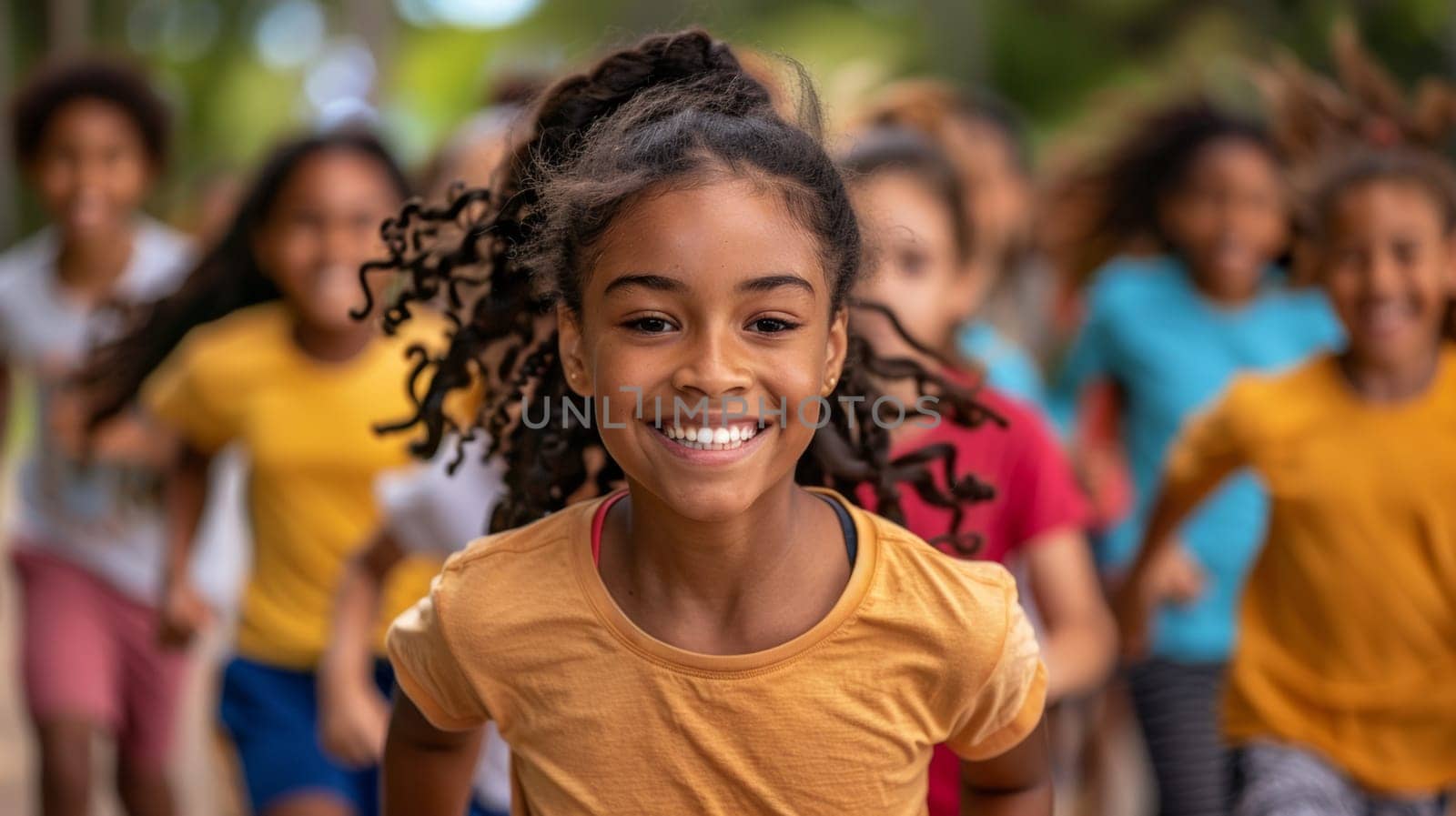 A group of children running together in a line