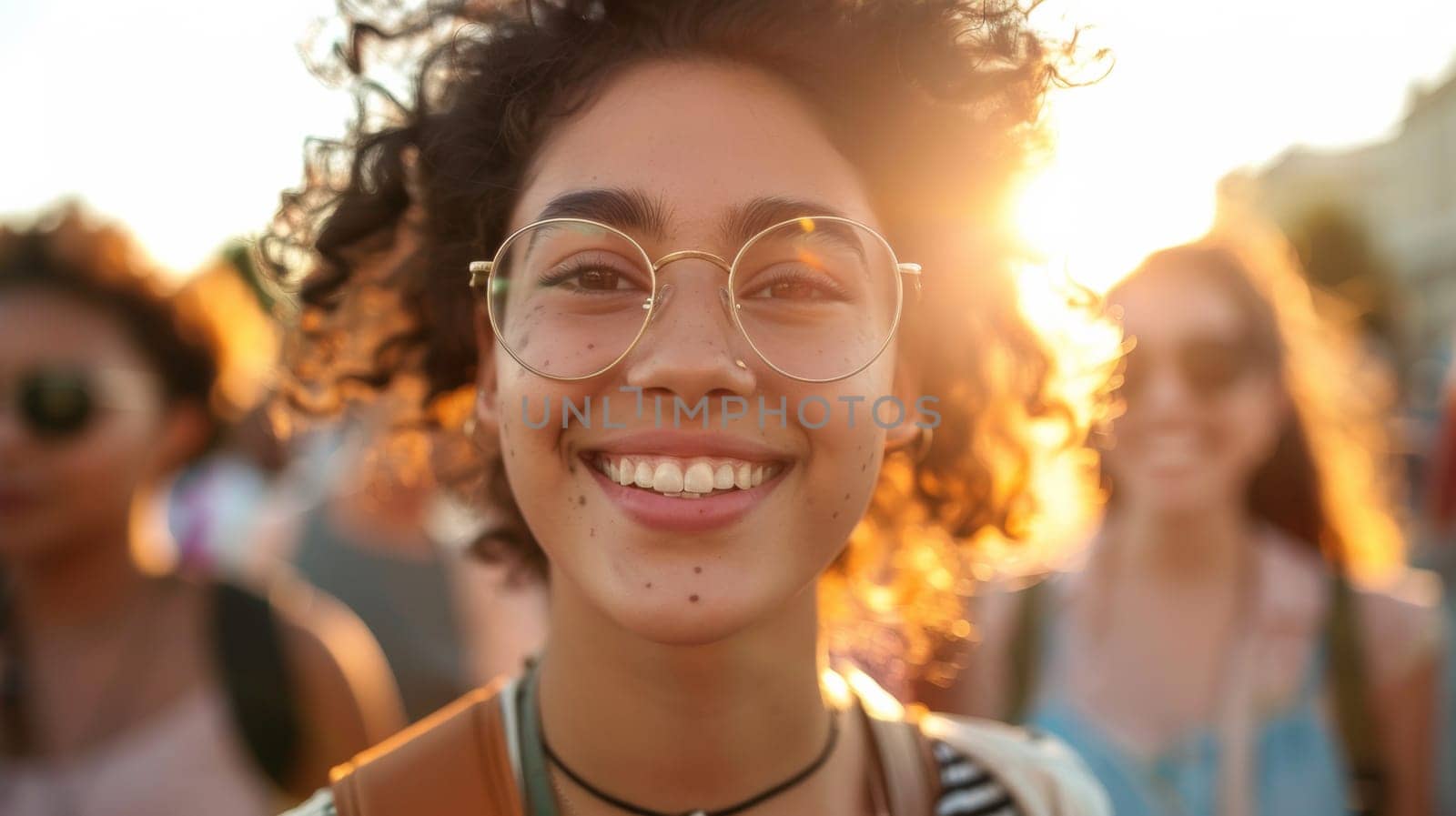 A woman with glasses smiling in a group of people