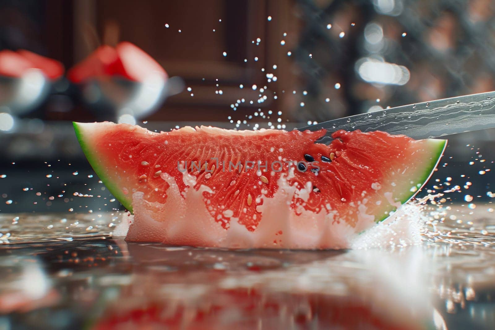 A knife slices through a vibrant watermelon, revealing the succulent fruit inside. The juicy goodness spills out as the blade cuts through.