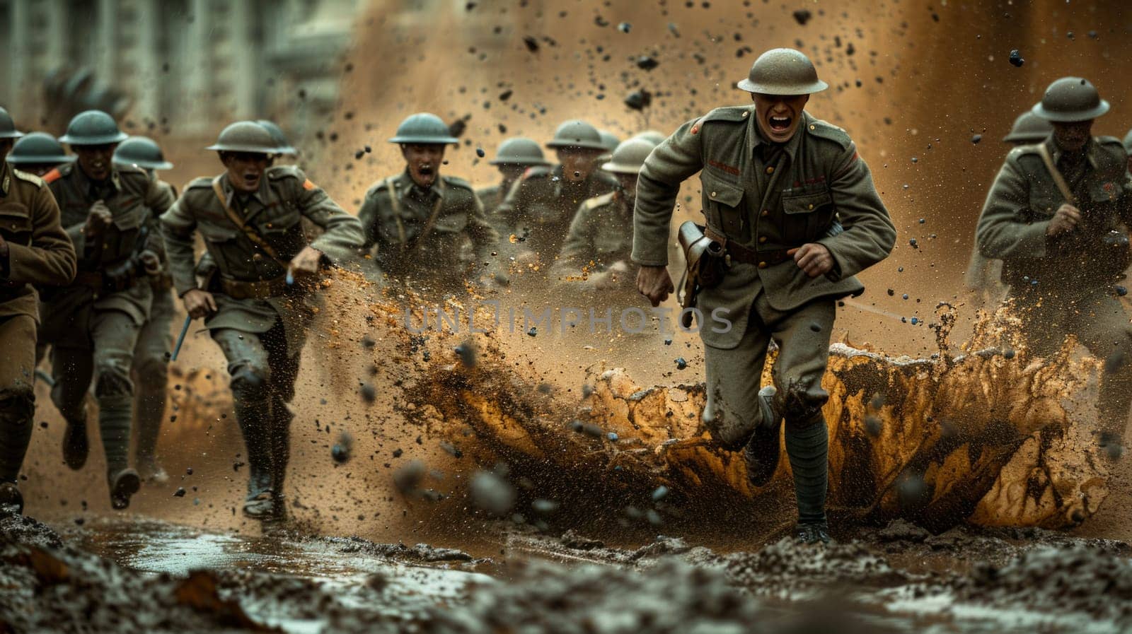 A group of soldiers in full gear running through a muddy battlefield, their determination evident in every step they take as they push forward.