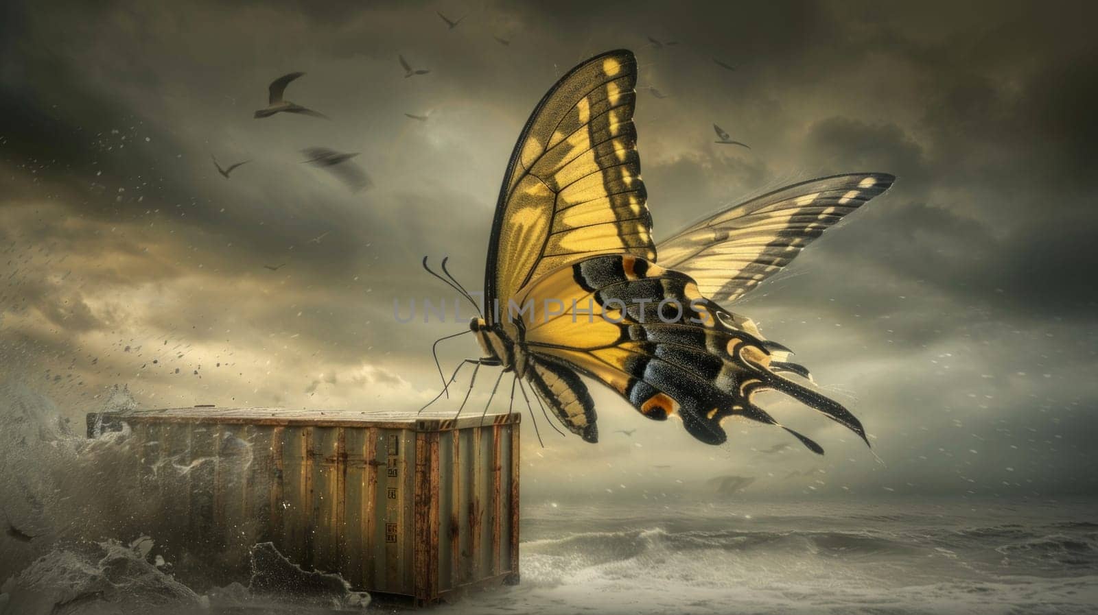 A delicate butterfly gracefully hovers over a trash can floating in the ocean, contrasting the beauty of nature with man-made waste.