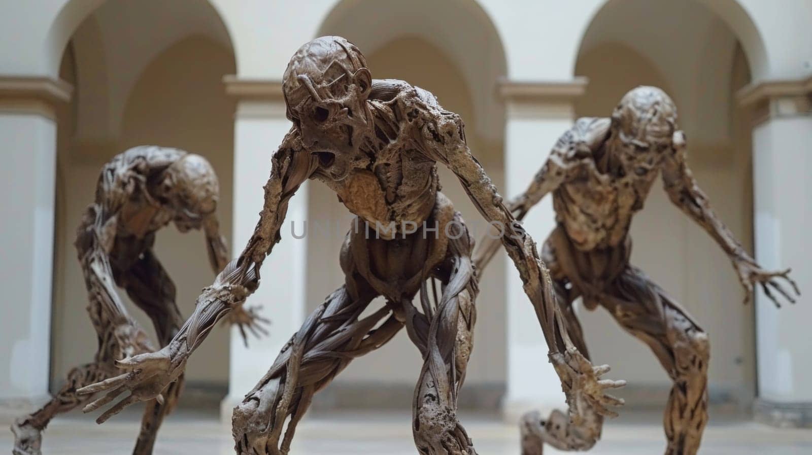 Three statues of human-like creatures are shown in a courtyard