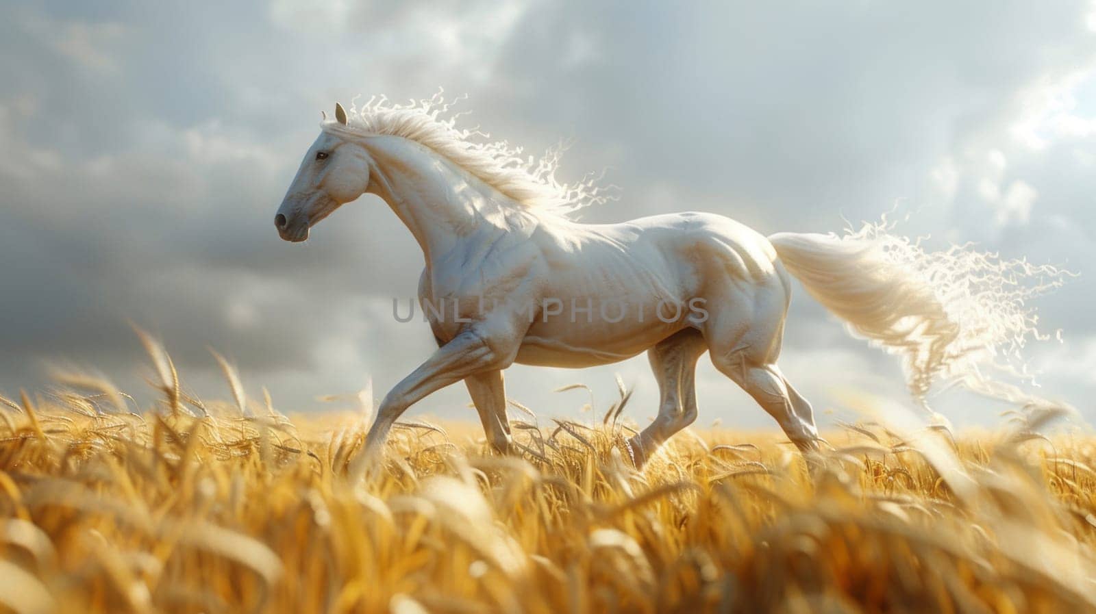 A majestic white horse gallops freely through a lush field of tall grass, its mane and tail flowing in the wind as it moves gracefully.