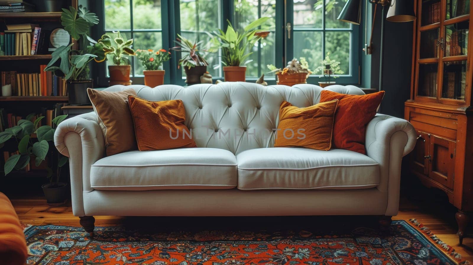 A white couch with orange pillows in front of a window