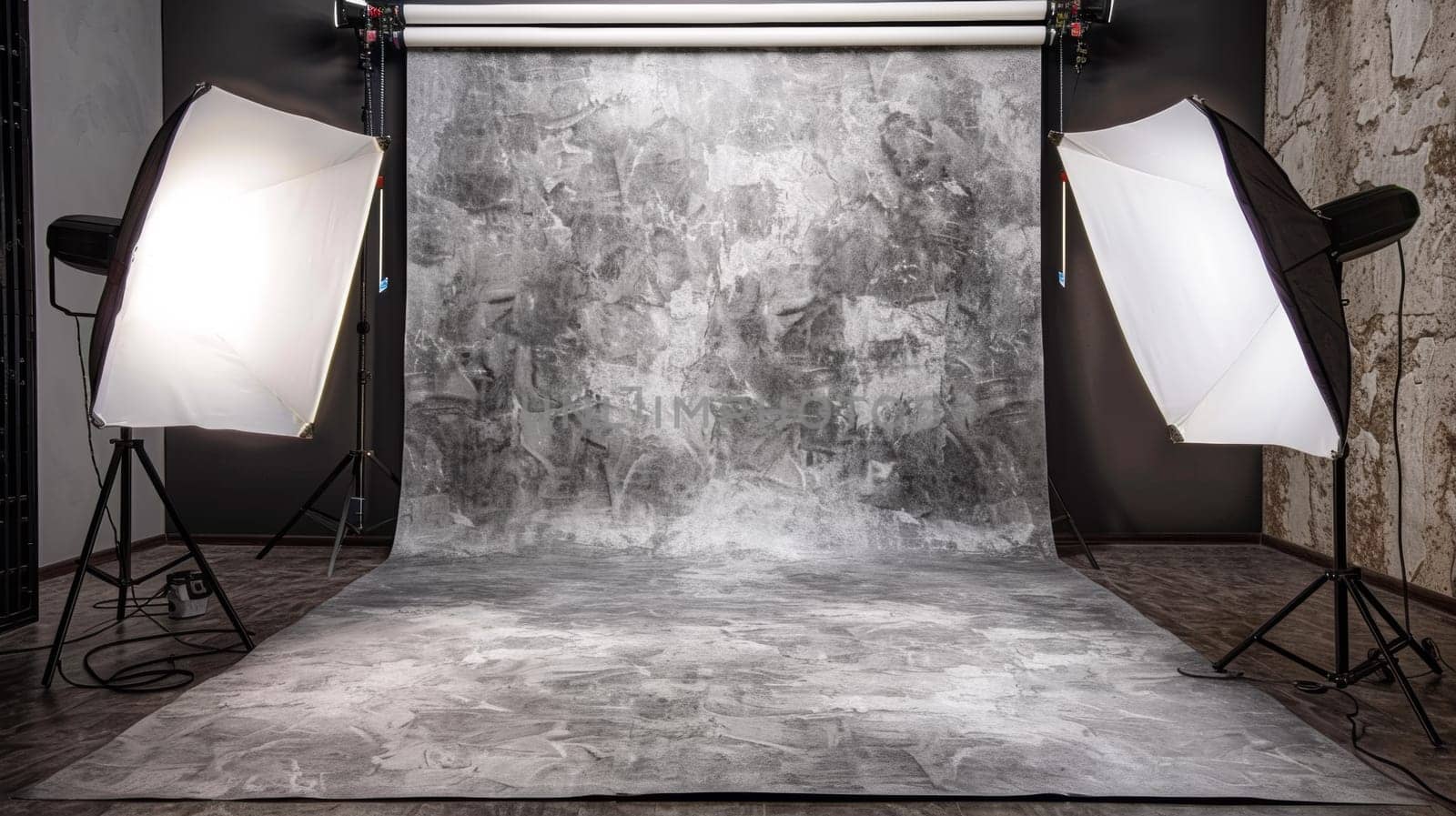 A photo studio with a gray background and two lights