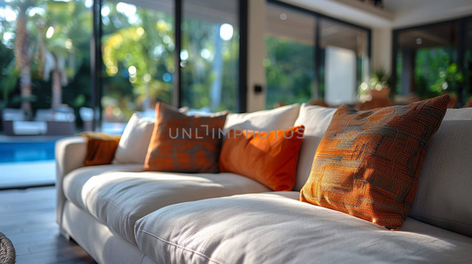 A white couch with orange and brown pillows in a living room