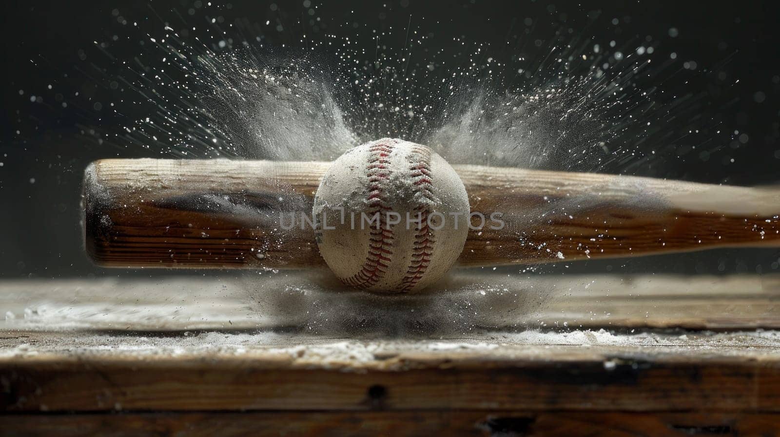 A baseball soaring through the air as it is struck by a baseball bat, capturing the precise moment of impact and energy transfer.