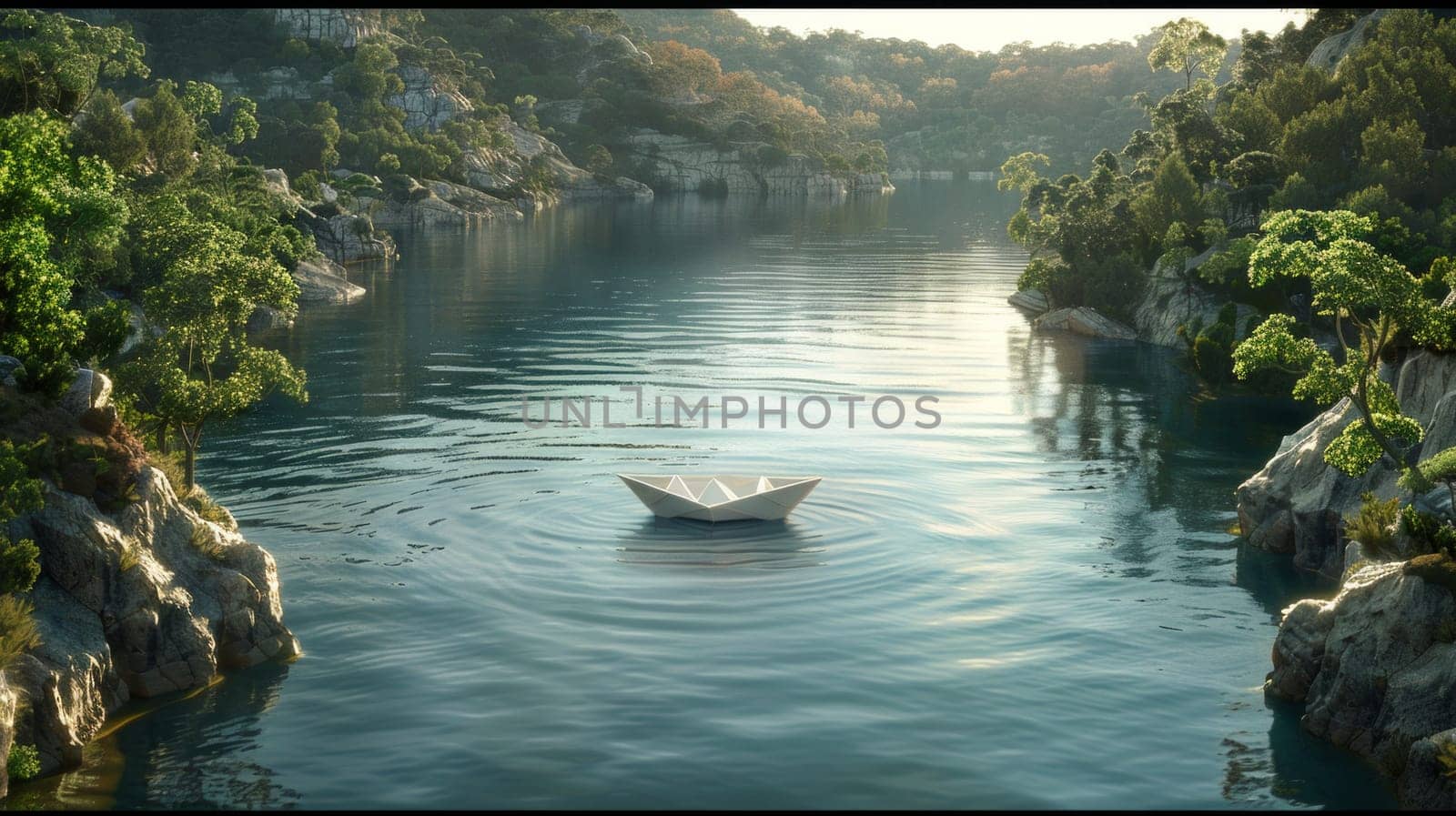 A paper boat peacefully floats atop a tranquil lake, surrounded by lush green trees reflecting in the water.