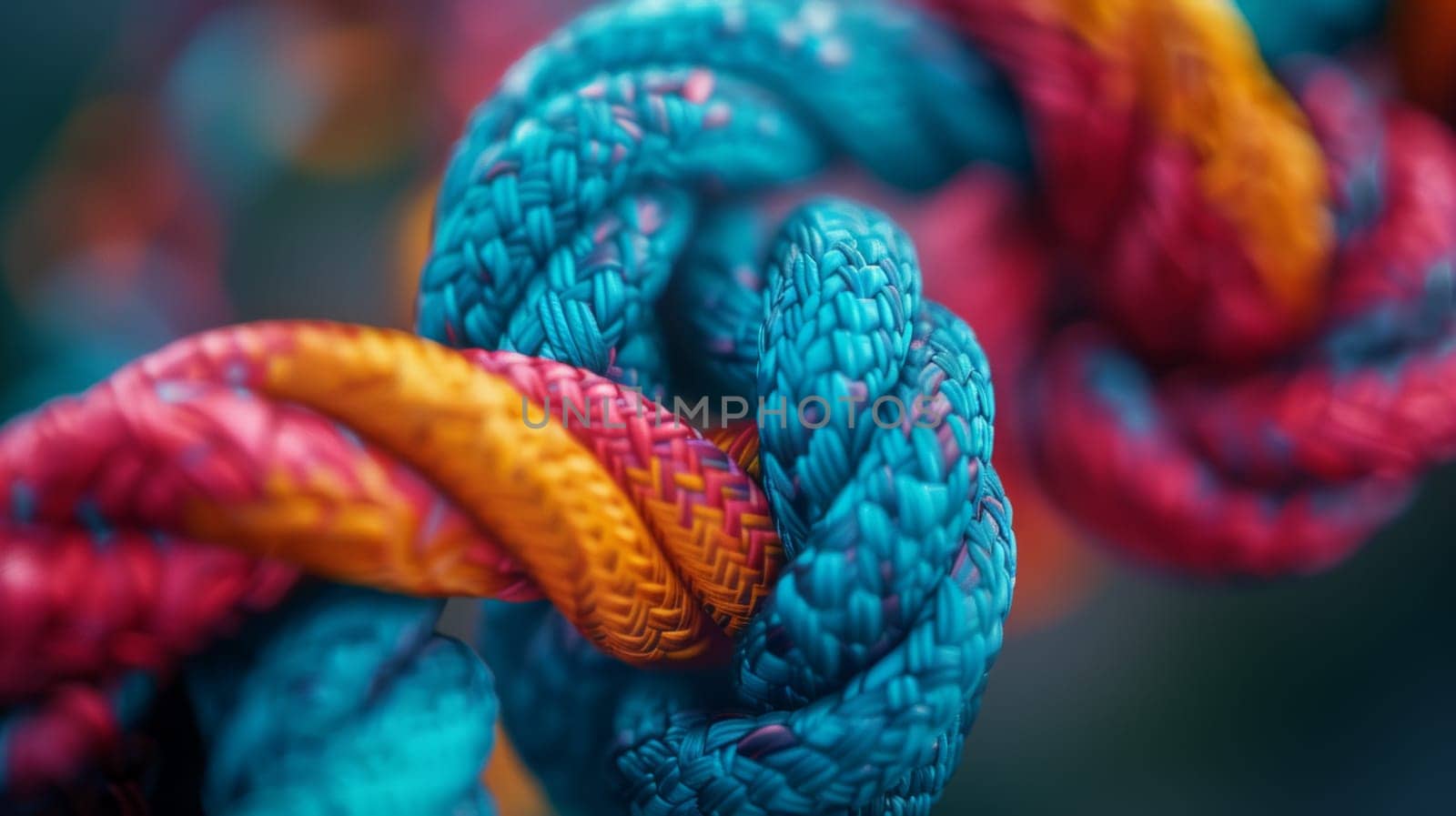 A detailed close-up shot capturing the intricate pattern of a tightly woven knot in a thick rope by but_photo