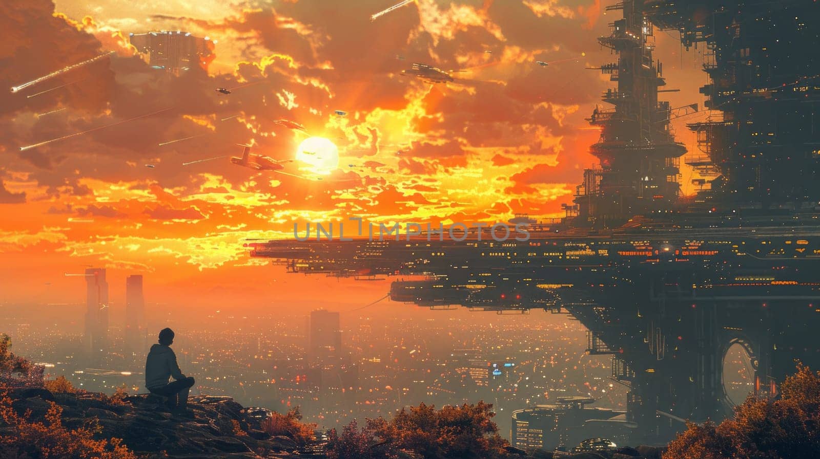 A man sits on top of a hill overlooking a sprawling cityscape below, taking in the breathtaking view of the urban landscape against the backdrop of the fantastic planet beyond.