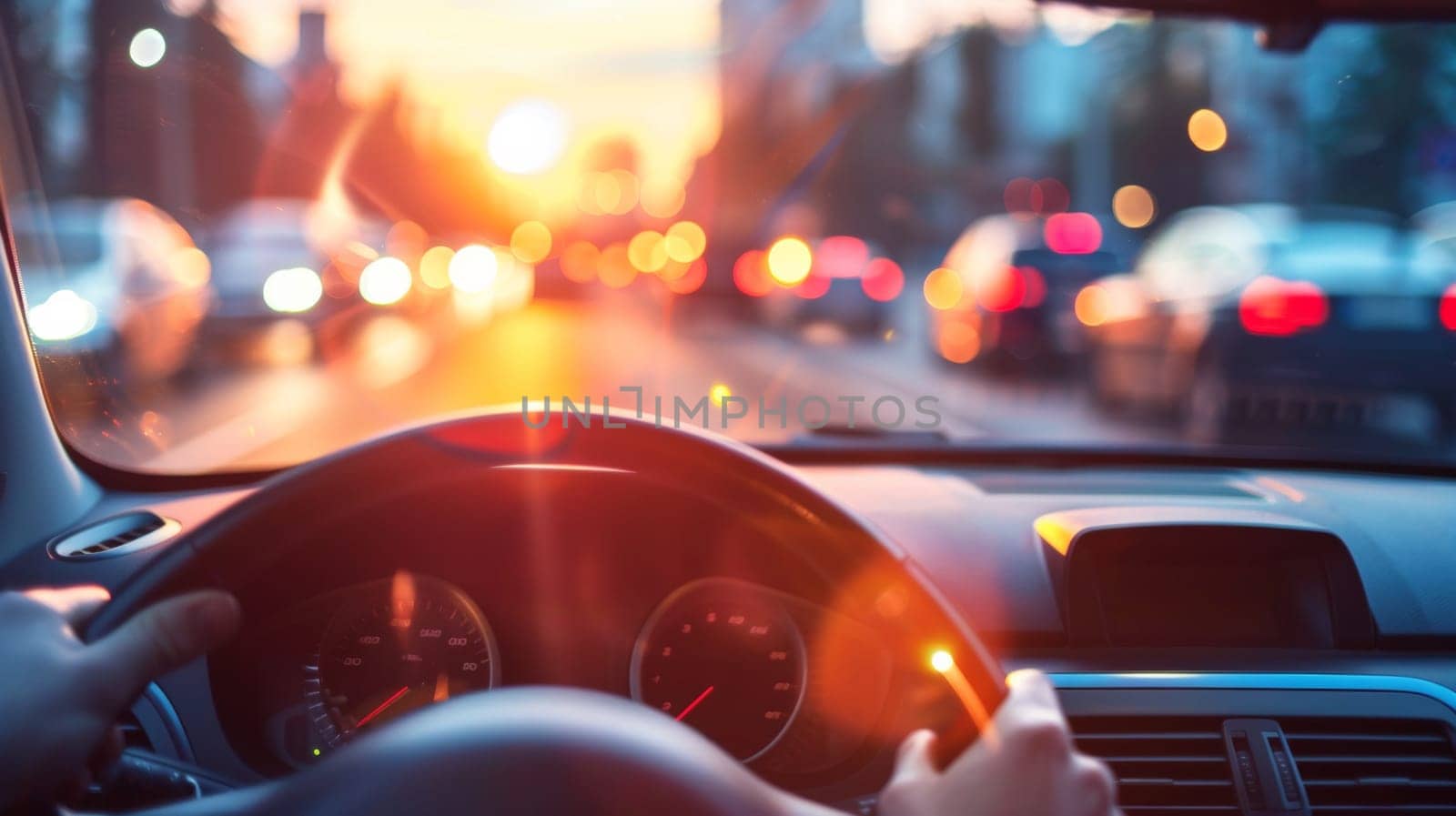 A person driving a car on the road with city lights in background