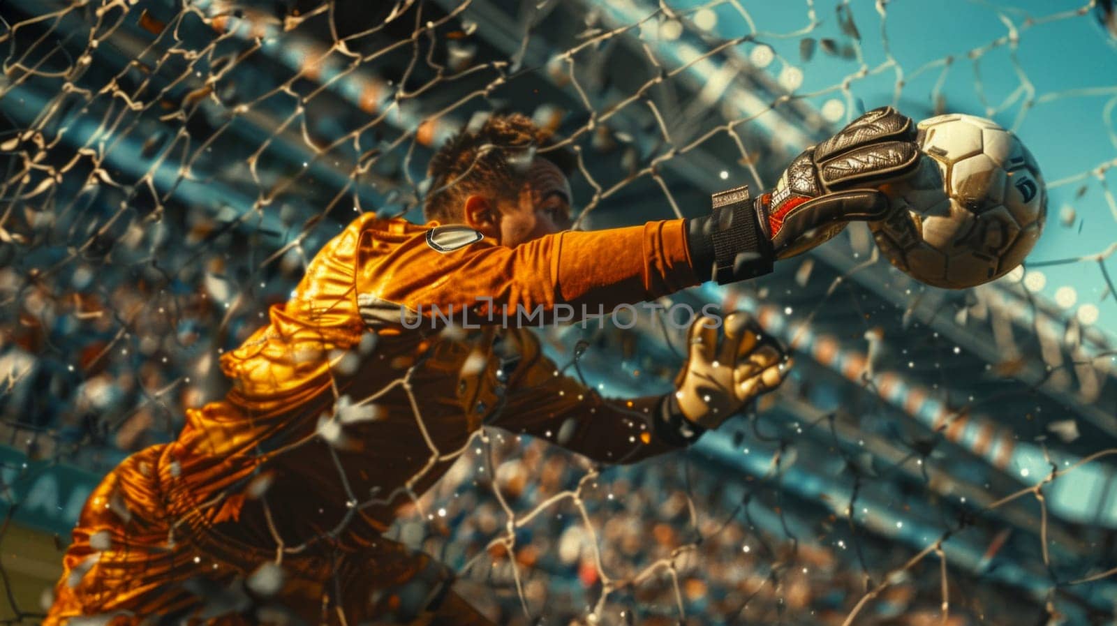 A man in an orange and black uniform holds a soccer ball confidently in front of a goal, embodying the role of a skilled goalkeeper by but_photo