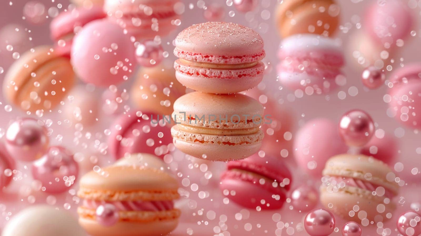 A delightful moment captured as a group of colorful macaroons gracefully float in the air, creating a whimsical and magical sight.