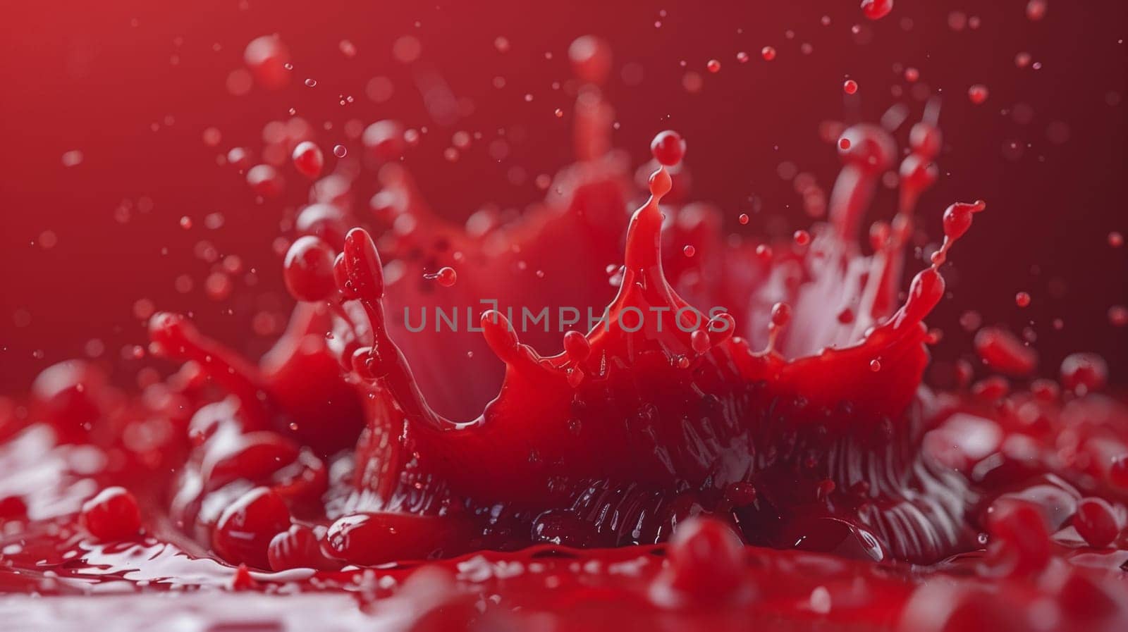 A vivid red liquid cascades and dances gracefully on a scarlet surface, creating a mesmerizing display of color and movement by but_photo