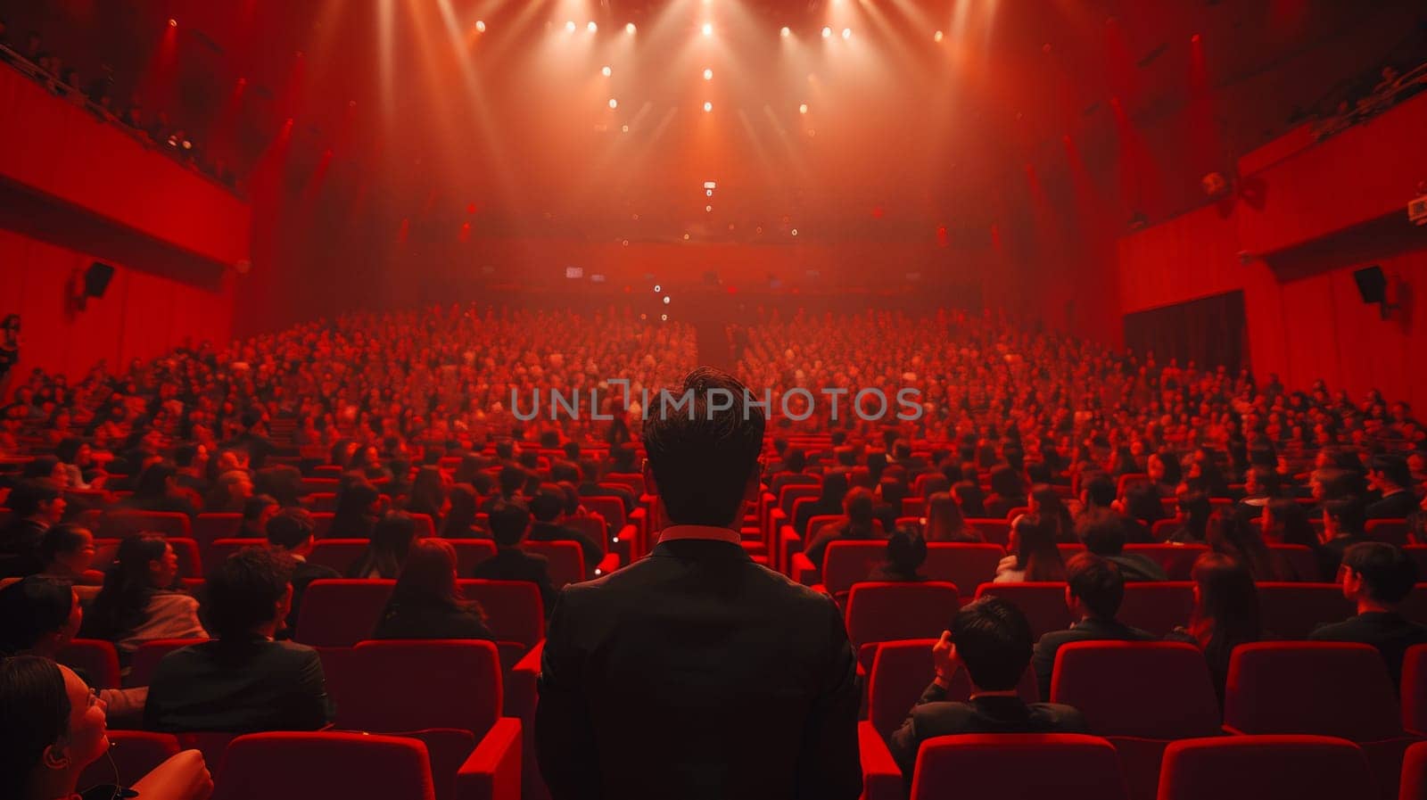 A confident man addresses a crowded auditorium, capturing their attention with his powerful words as he stands poised and engaging.