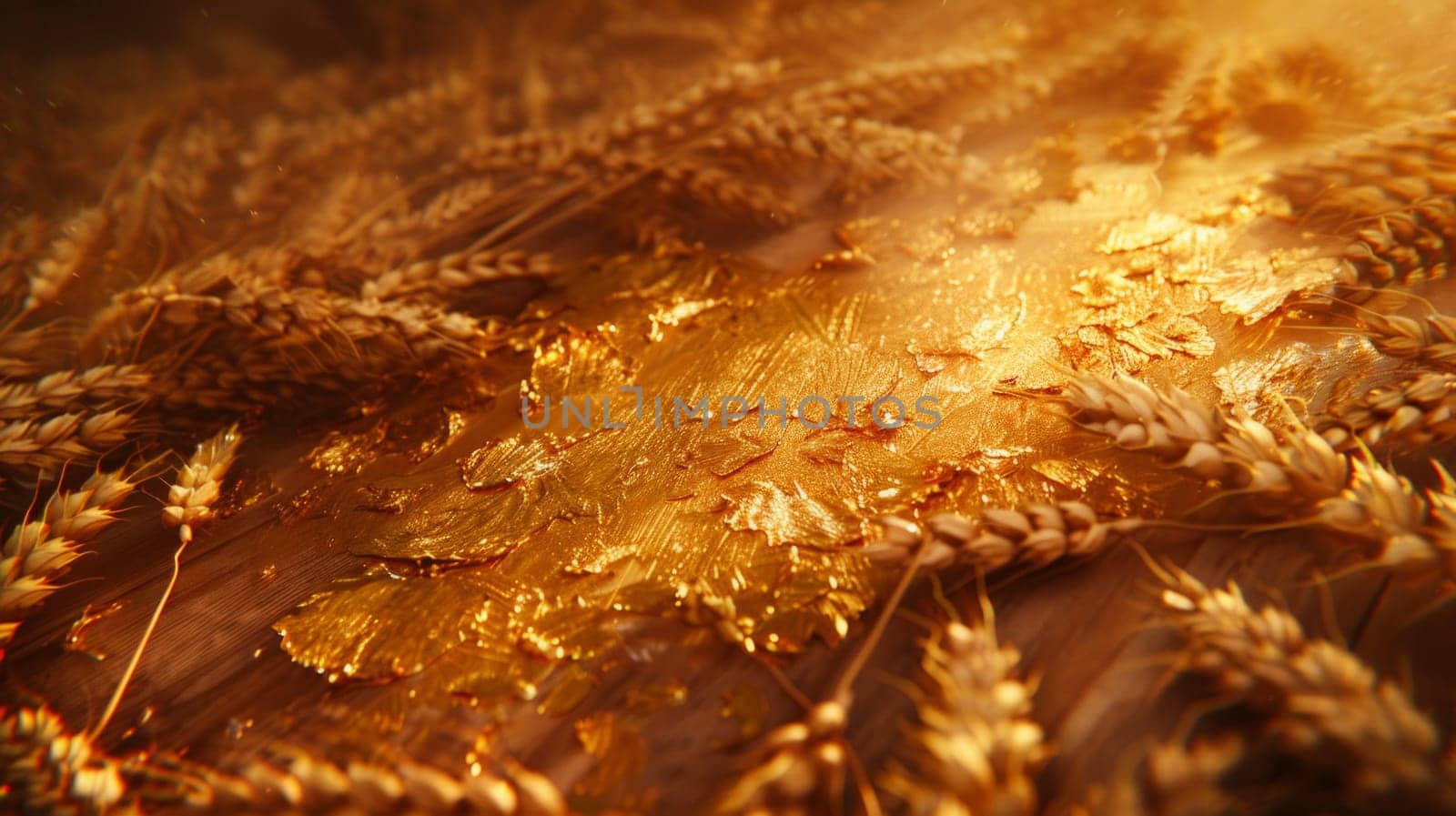 A mesmerizing close-up view of a bunch of golden wheat, swaying gently in the breeze with a warm and inviting glow.