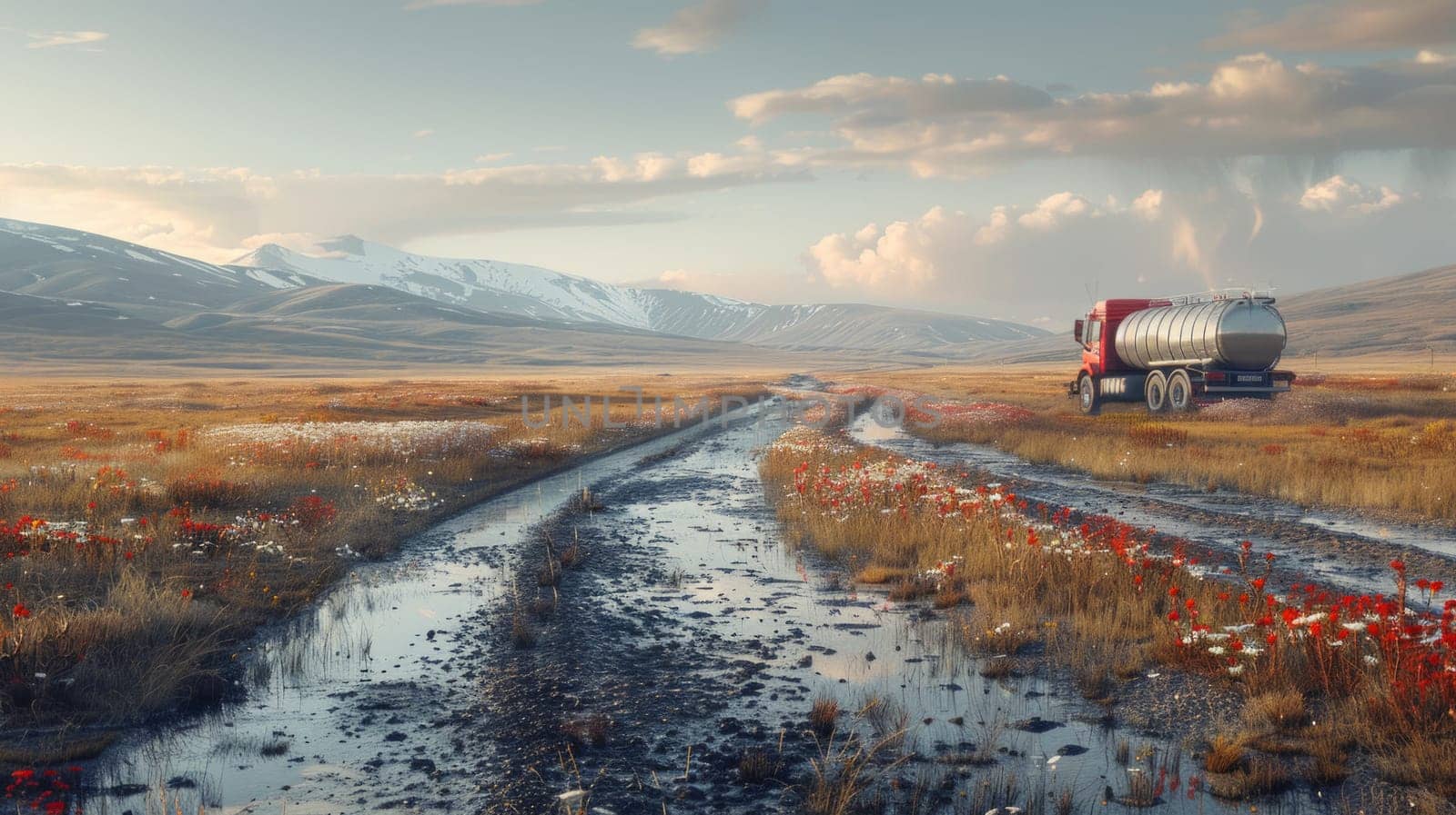 A rugged truck kicks up dust as it drives down a dirt road next to a vast field of golden crops under a clear sky by but_photo