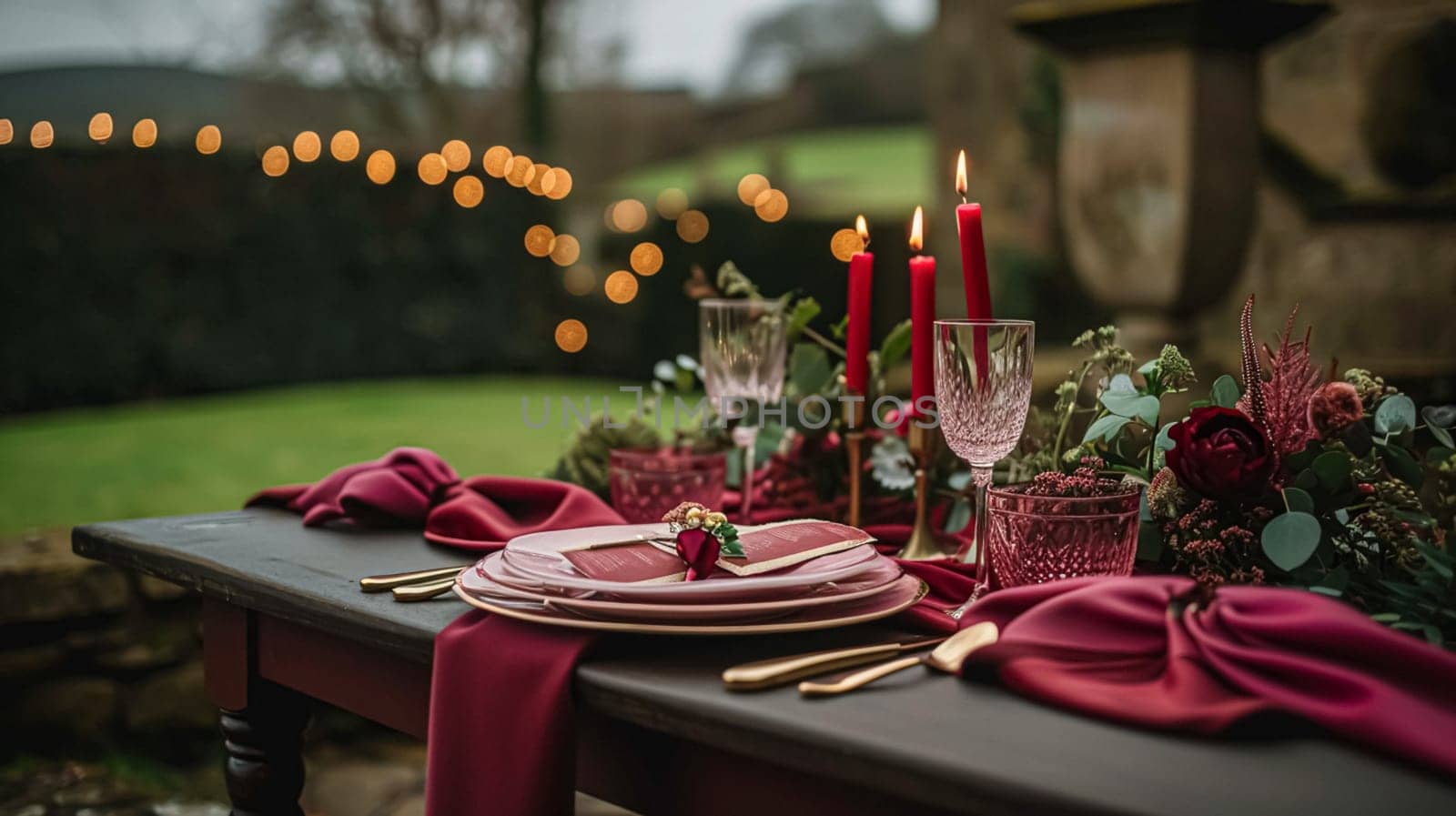 Festive table setting with cutlery, candles and beautiful red flowers in a vase.