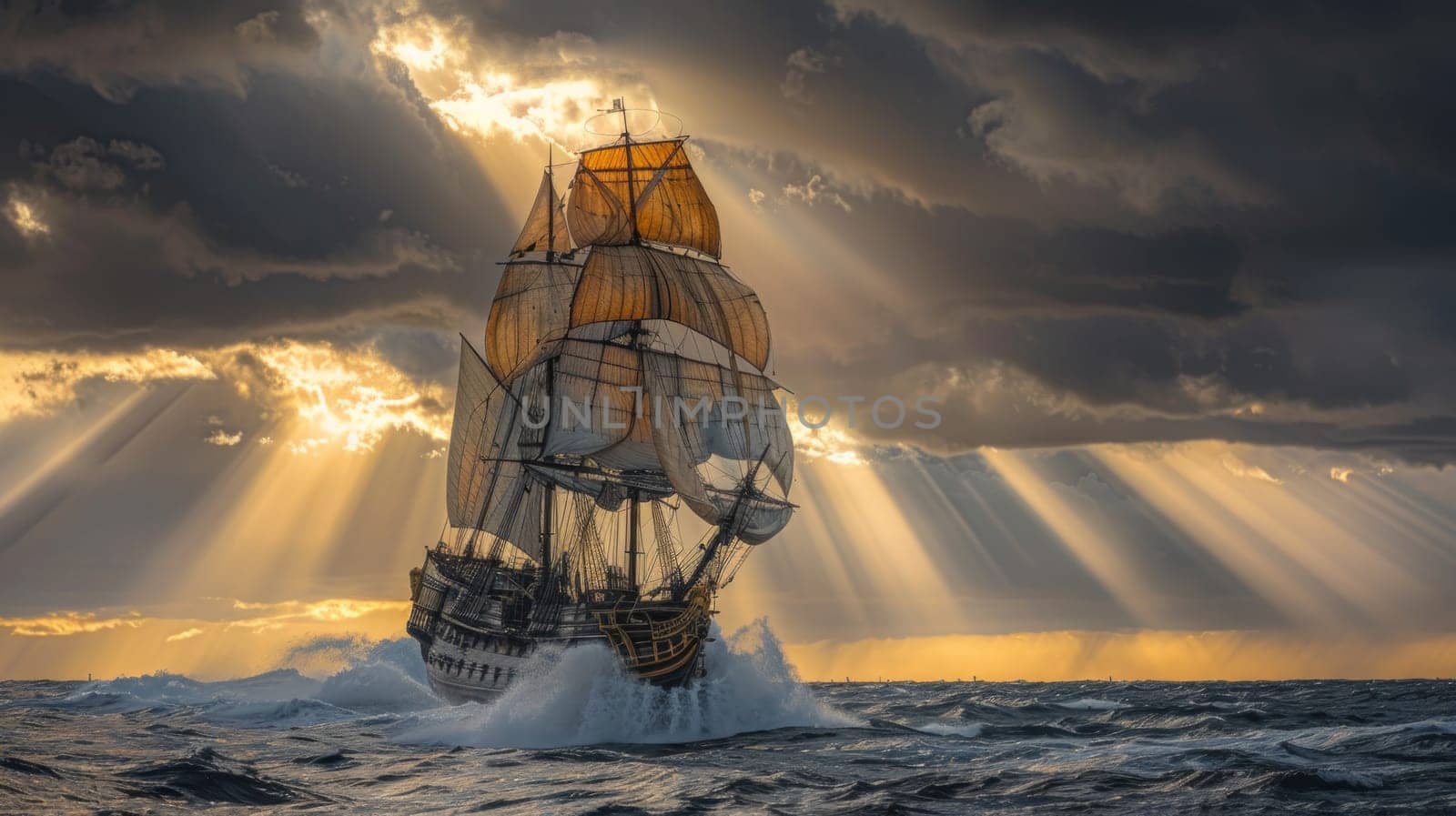 A classic schooner gracefully sails through rough ocean waters under a dramatic cloudy sky, showcasing the power and beauty of nature by but_photo